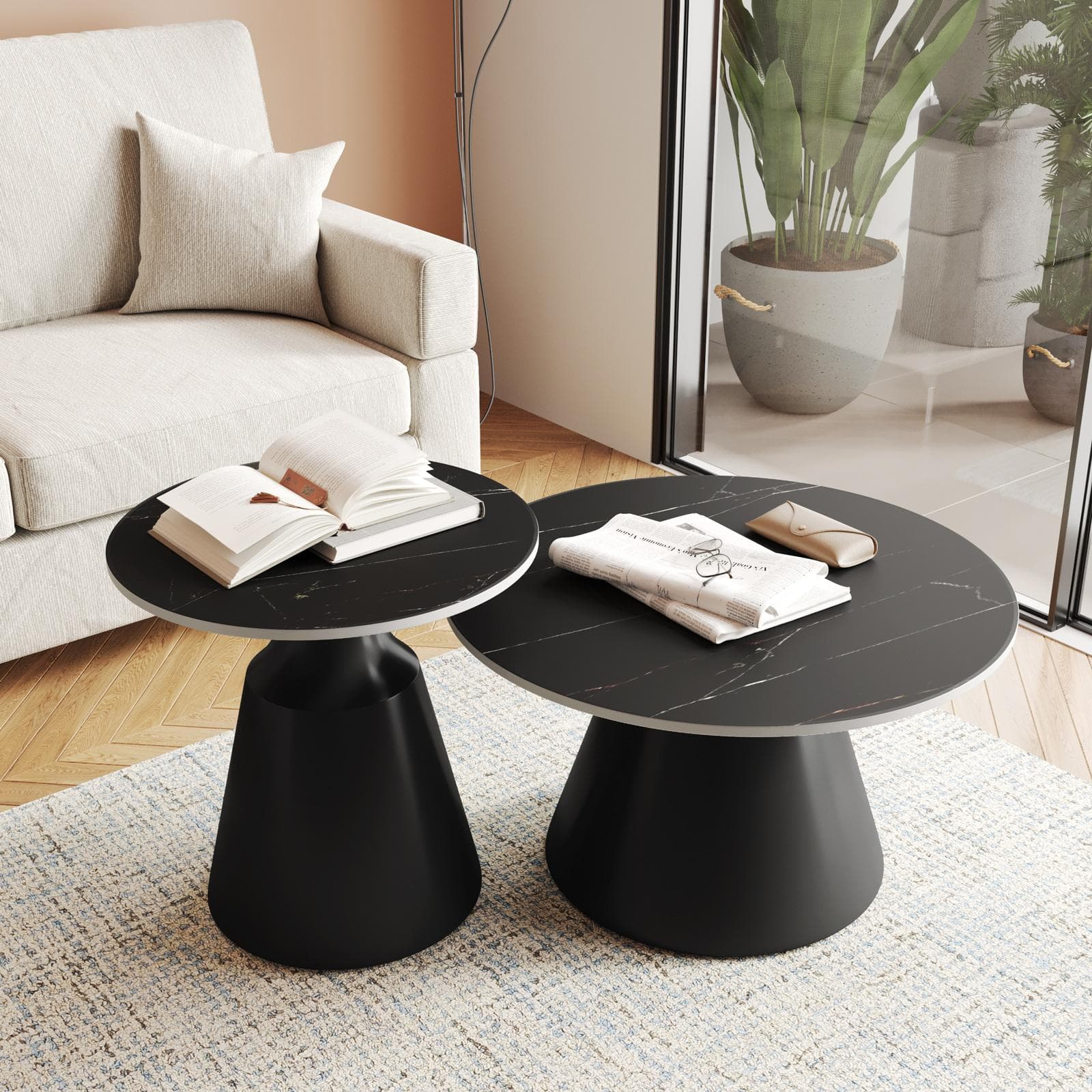 Set 2 tavolini tondi 50 e 70 cm in ceramica nero portoro e base nero - Mikado