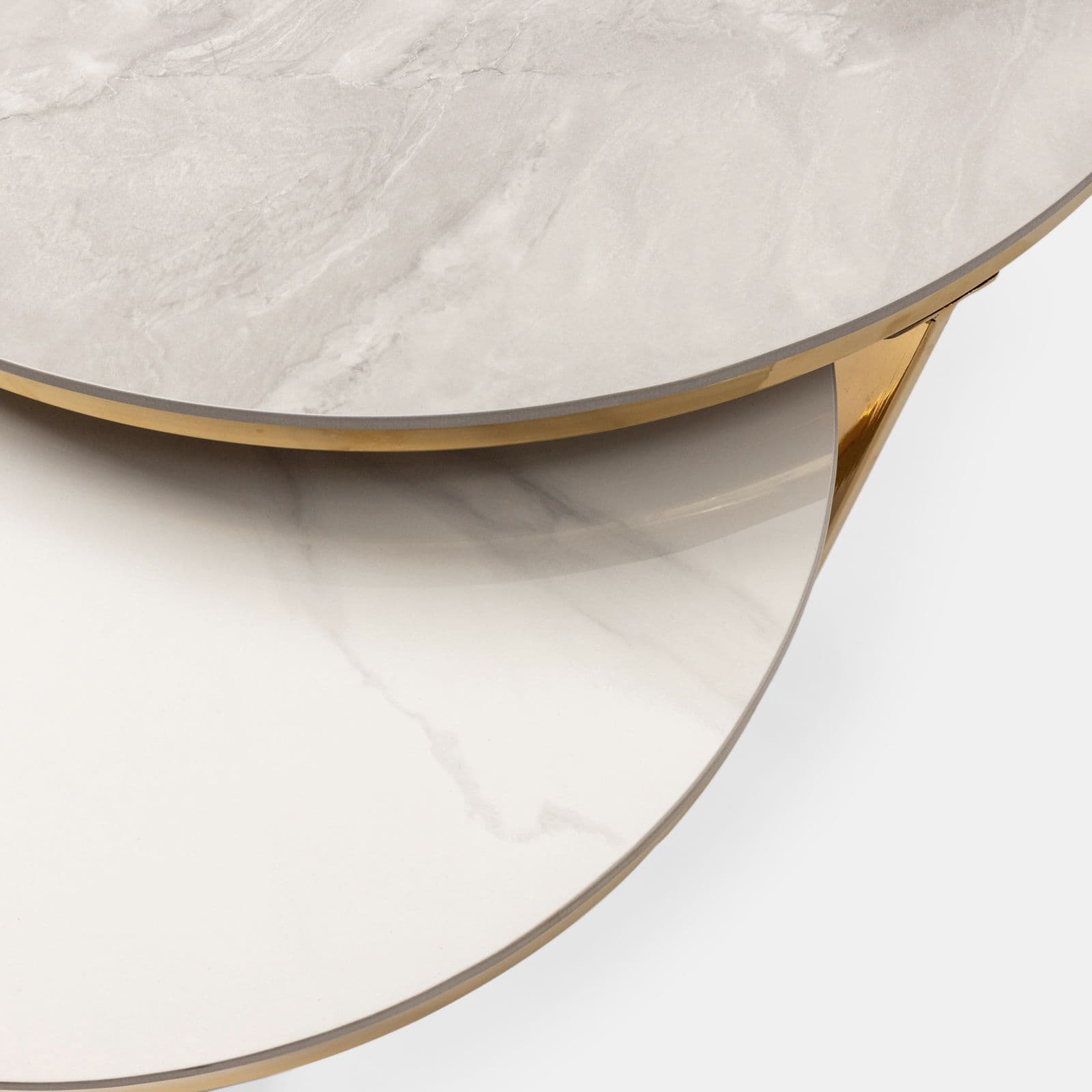 Set 2 tavolini tondi 60 cm e 80 cm top in ceramica bianca e grigia con struttura oro - Yagi