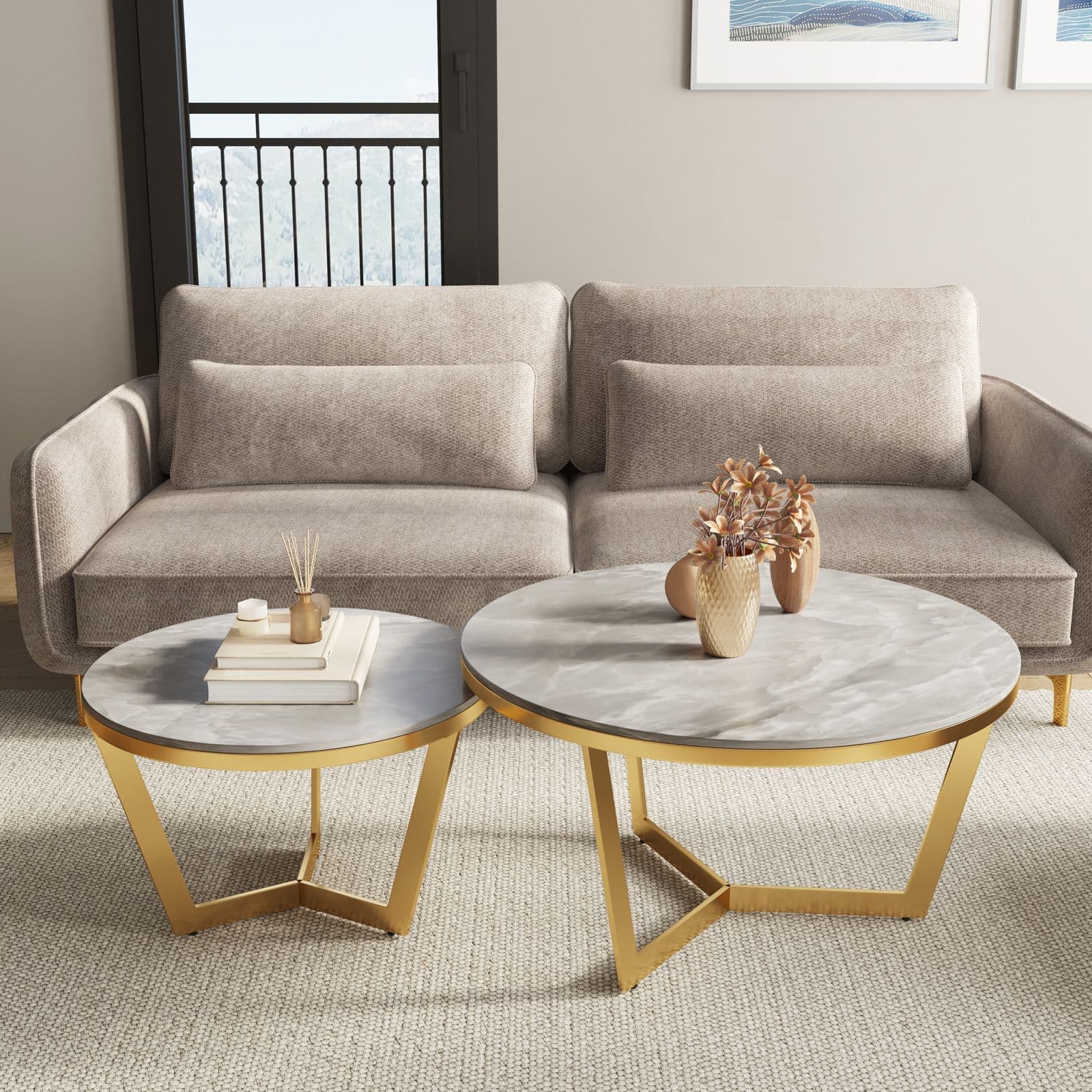 Set 2 tavolini tondi 60 cm e 80 cm top in ceramica bianca e grigia con struttura oro - Yagi