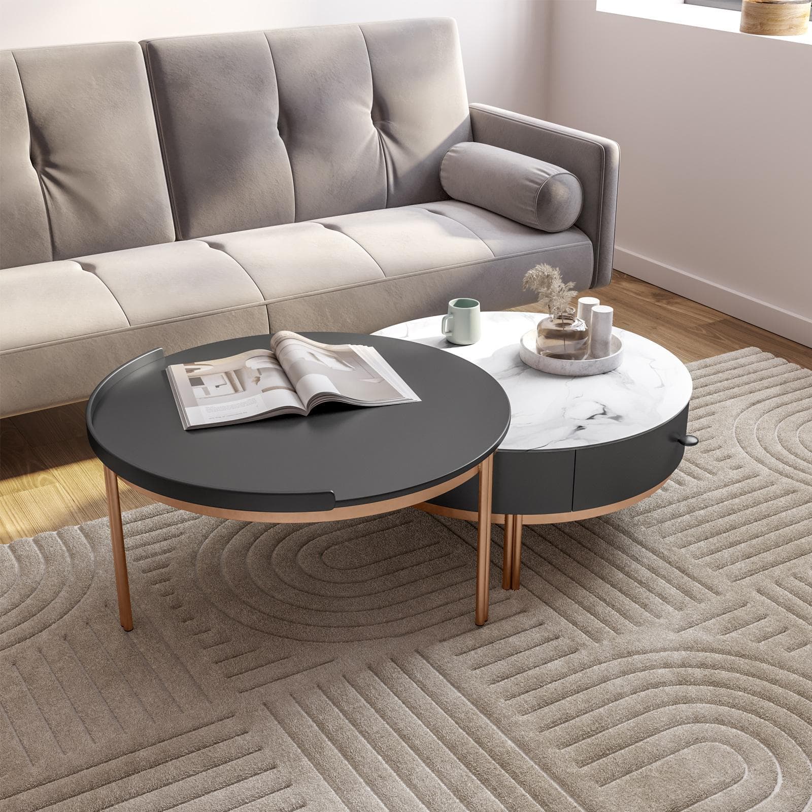 Set 2 tavolini tondi 70 cm e 71 cm top in ceramica grigio e bianco con cassetto e struttura oro rosa - Saddle