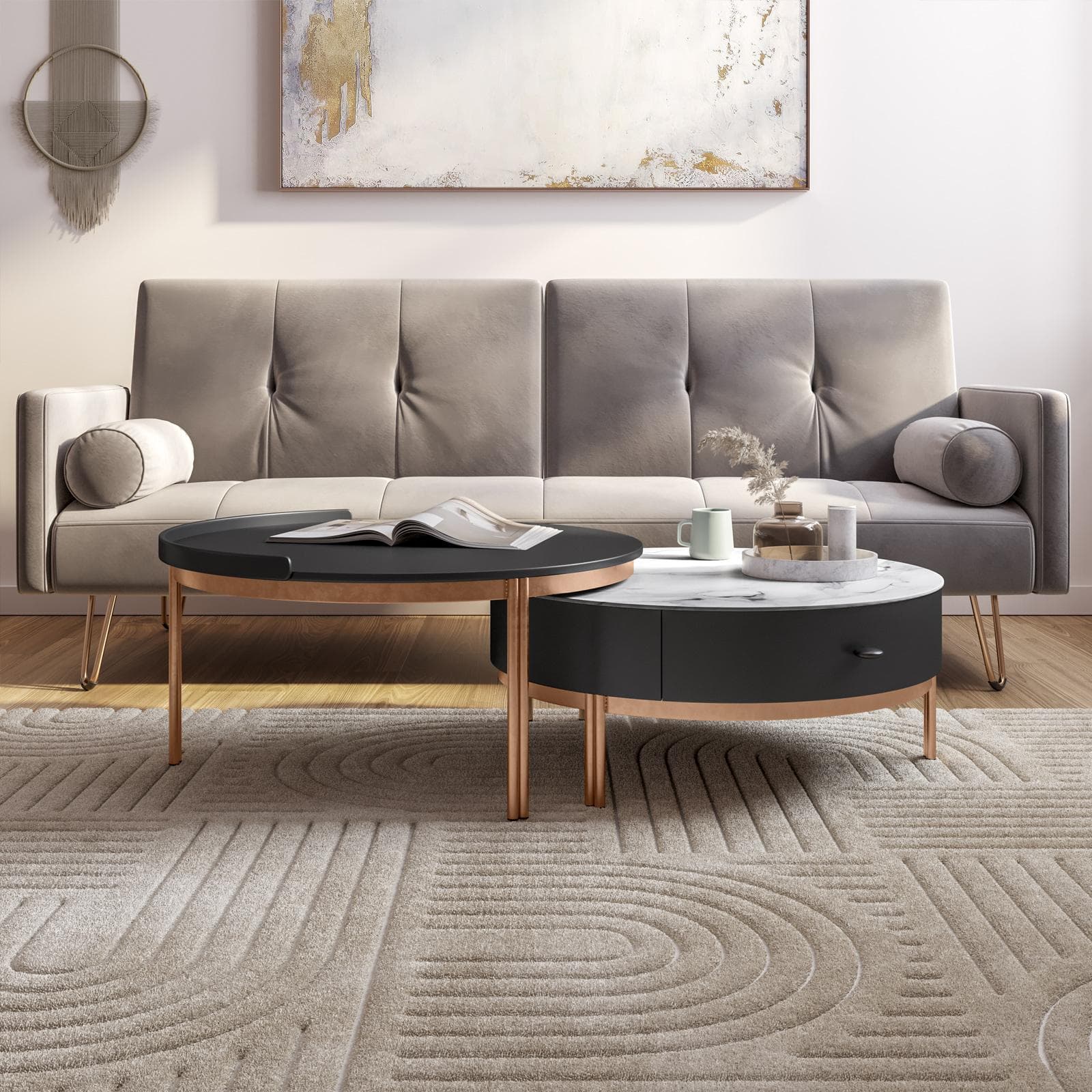 Set 2 tavolini tondi 70 cm e 71 cm top in ceramica grigio e bianco con cassetto e struttura oro rosa - Saddle