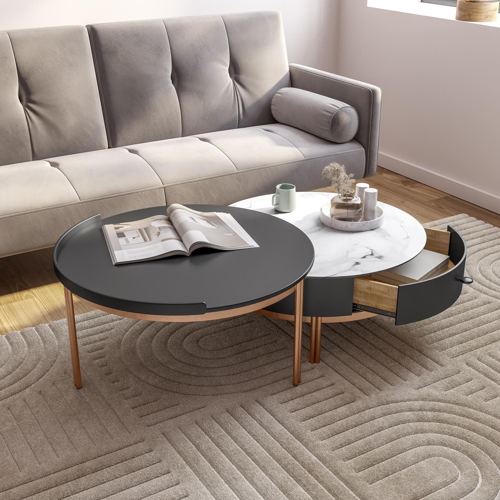 Set 2 tavolini tondi 70 cm e 71 cm top in ceramica grigio e bianco con cassetto e struttura oro rosa - Saddle