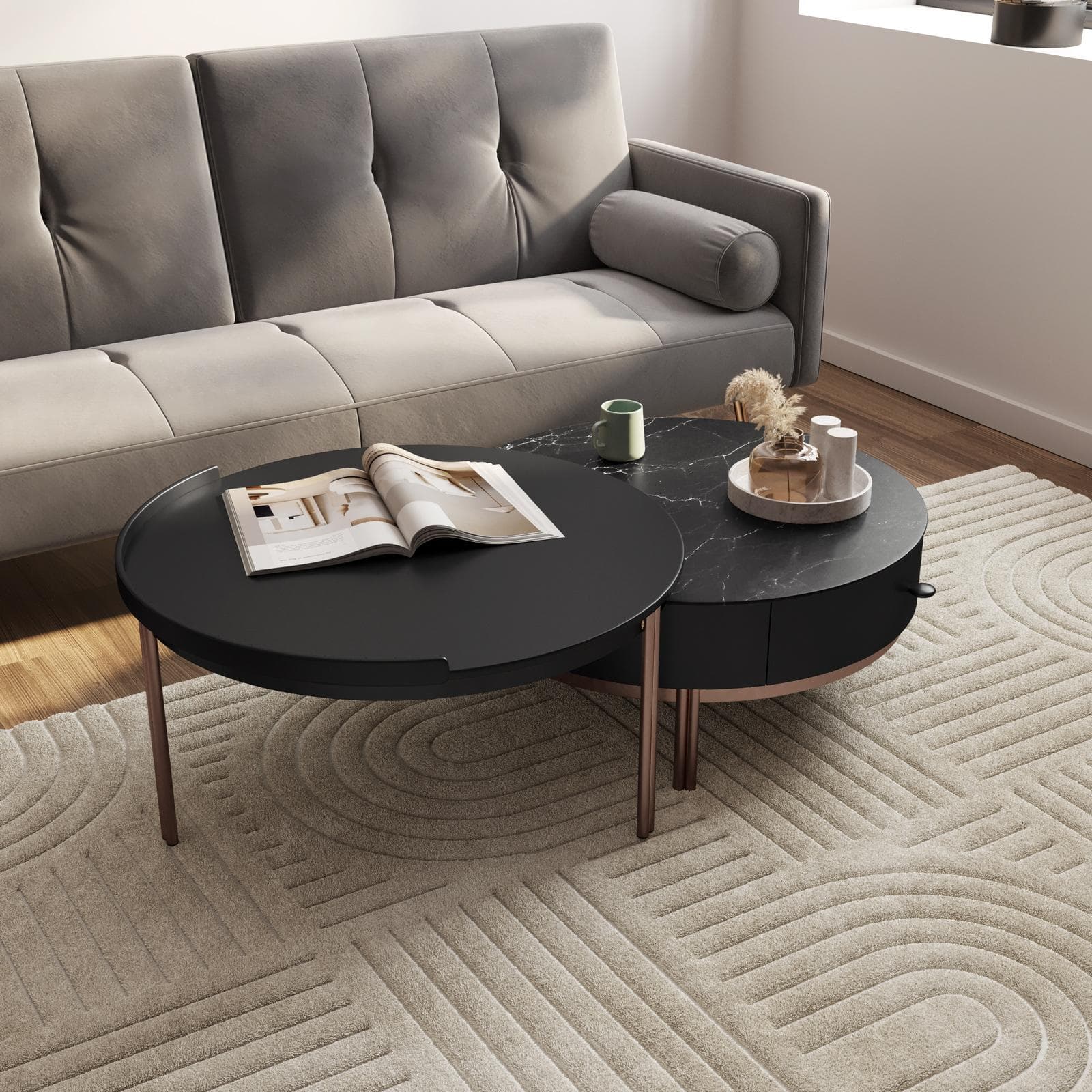 Set 2 tavolini tondi 70 cm e 71 cm top in ceramica grigio e nero con cassetto e struttura oro rosa - Saddle