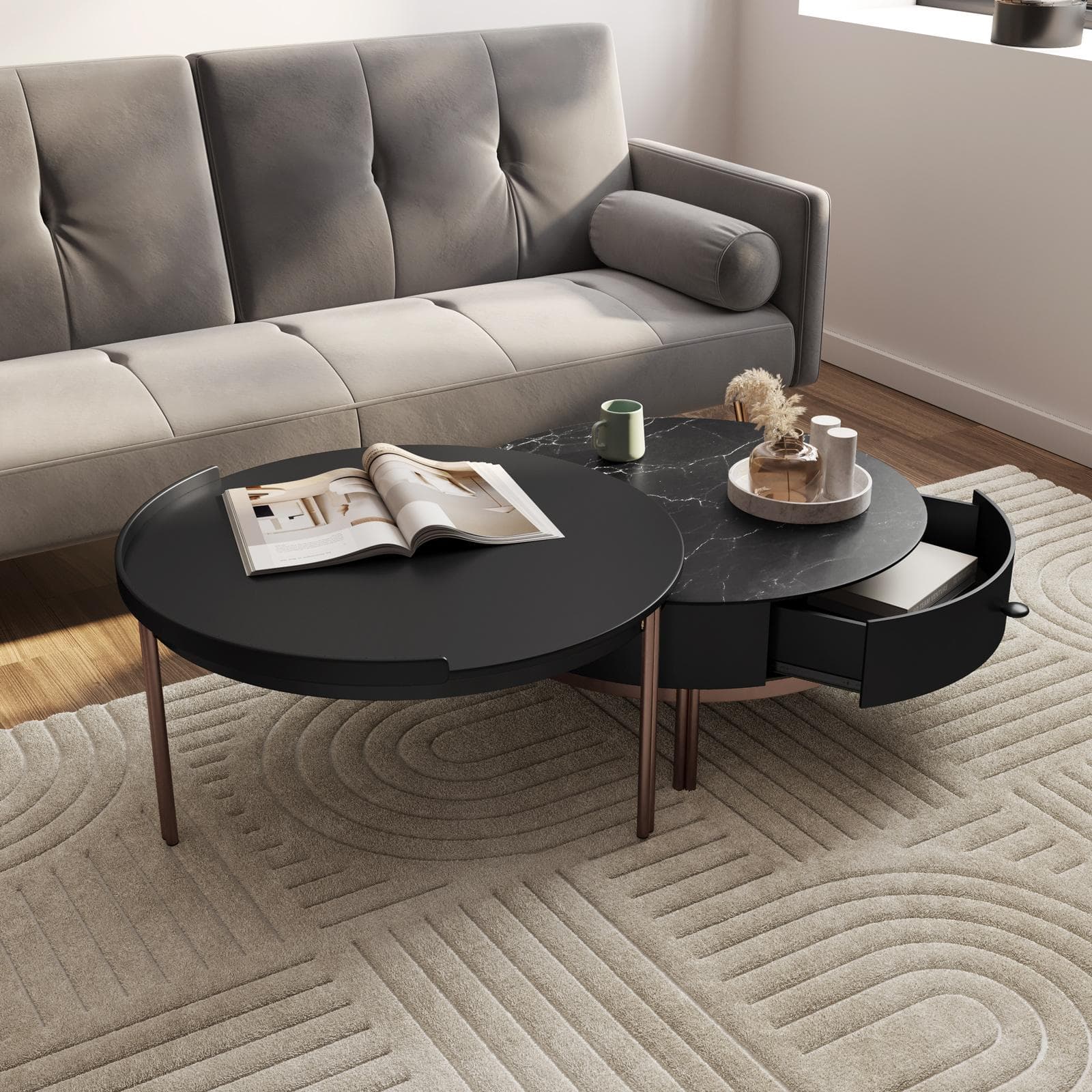 Set 2 tavolini tondi 70 cm e 71 cm top in ceramica grigio e nero con cassetto e struttura oro rosa - Saddle