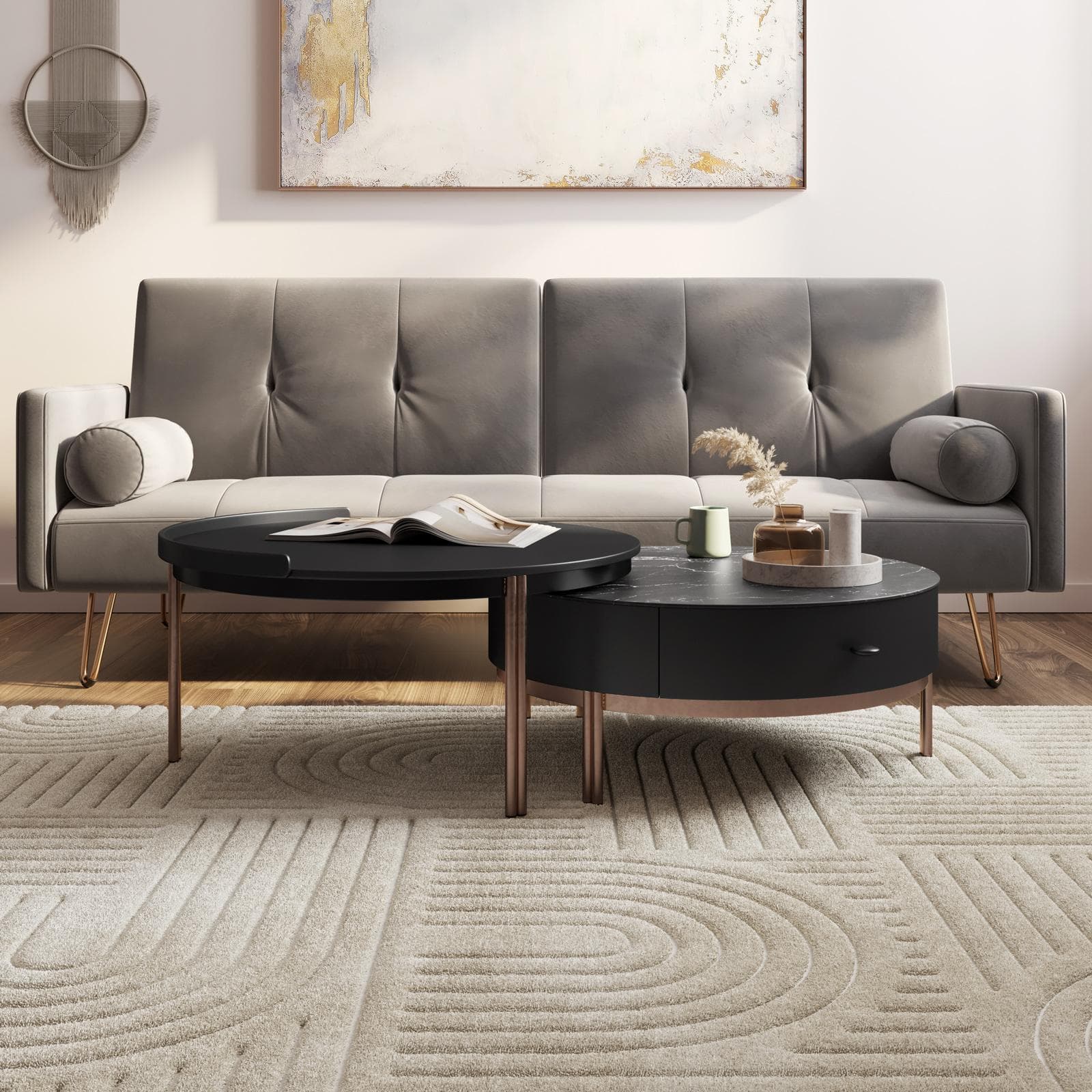Set 2 tavolini tondi 70 cm e 71 cm top in ceramica grigio e nero con cassetto e struttura oro rosa - Saddle