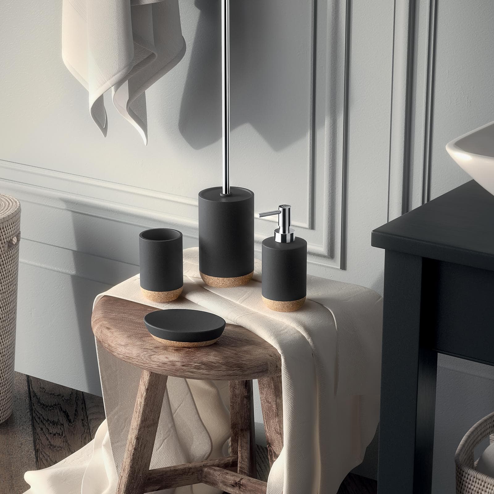 Set 3 accessori appoggio in ceramica nero e sughero - Ilary di Gedy