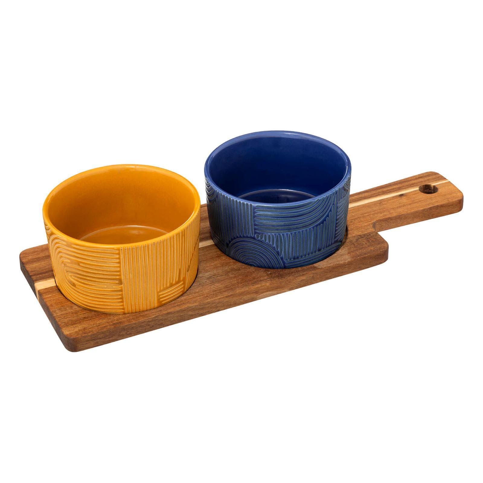 Set 3 accessori per aperitivo in legno di acacia e ceramica ocra e blu