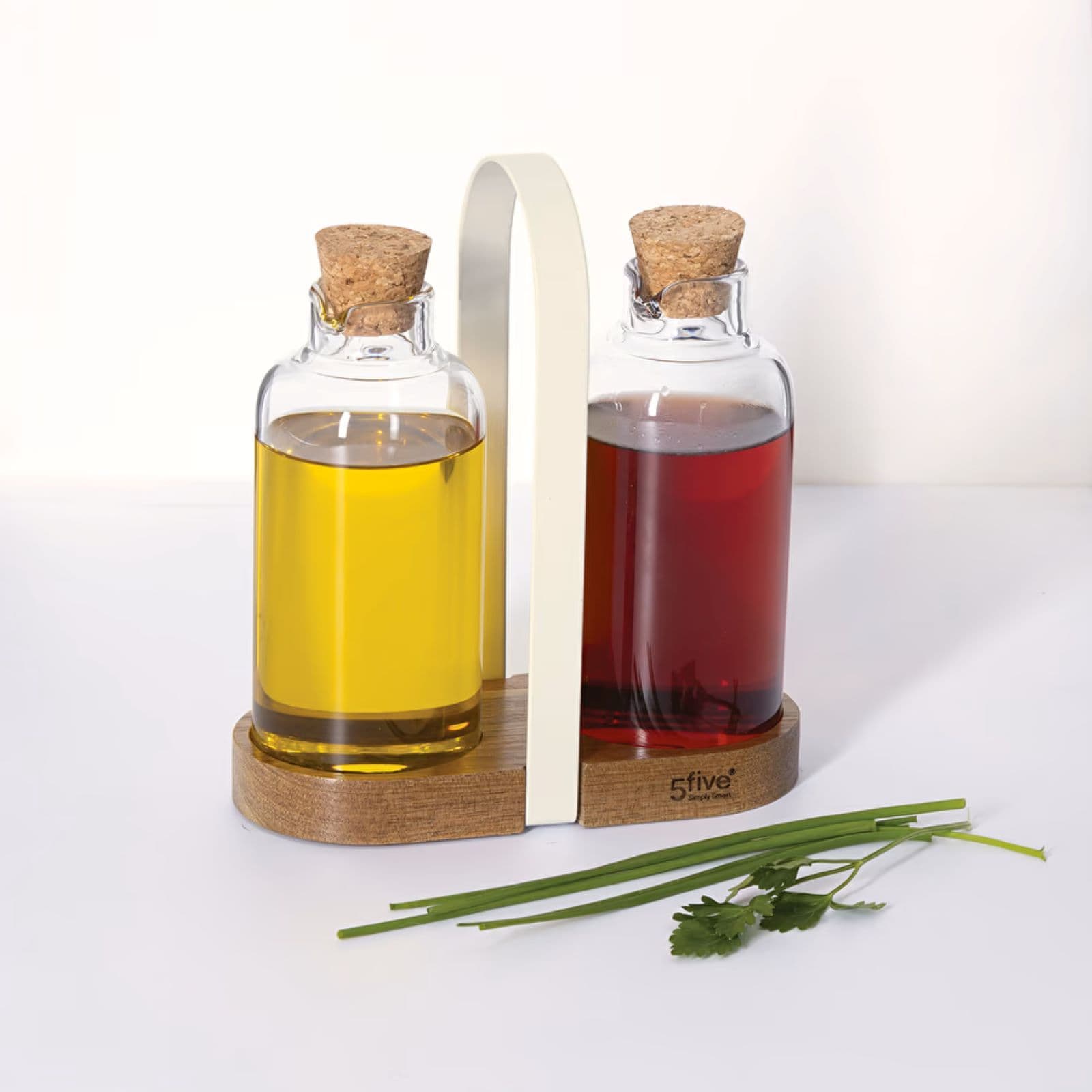 Set 3 accessori per condimenti in vetro borosilicato e legno di acacia naturale