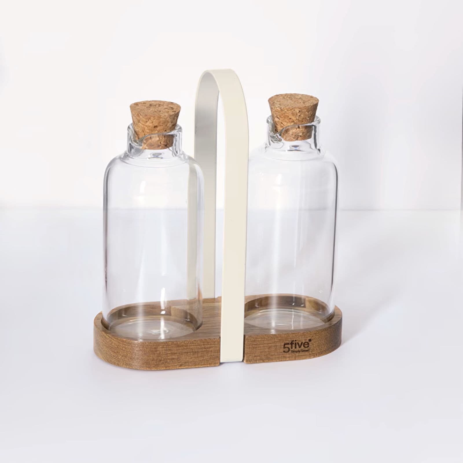 Set 3 accessori per condimenti in vetro borosilicato e legno di acacia naturale