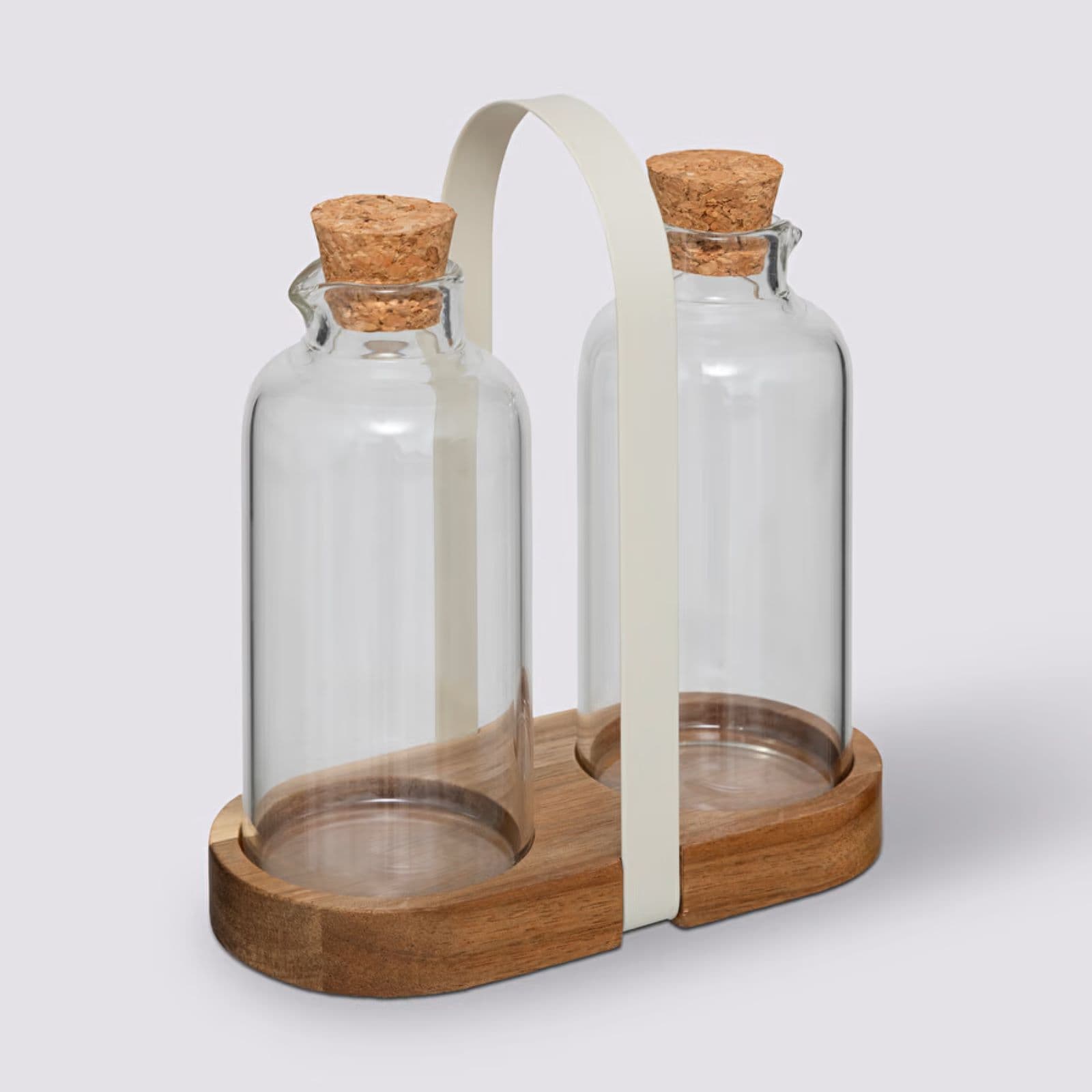 Set 3 accessori per condimenti in vetro borosilicato e legno di acacia naturale