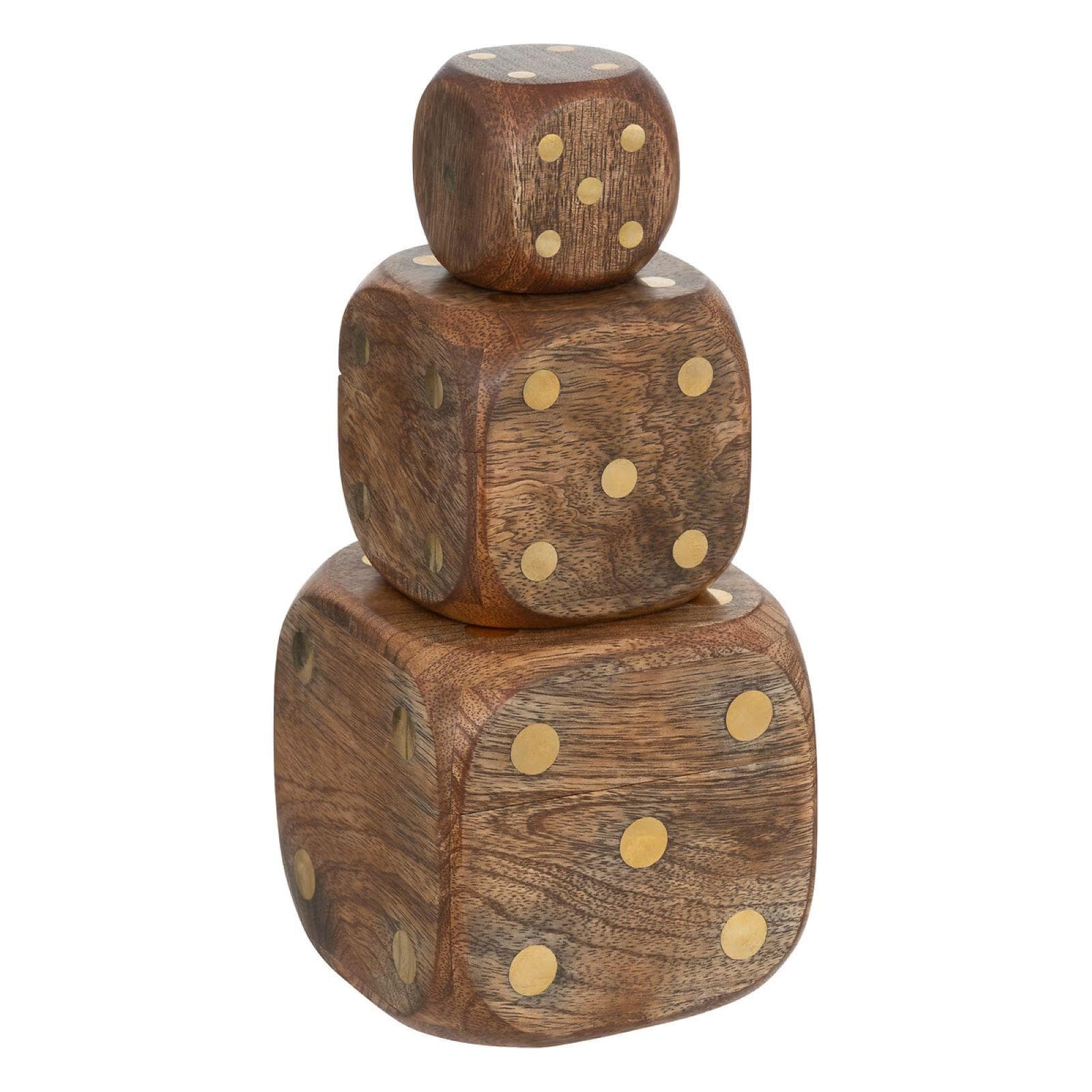 Set 3 dadi decorativi in legno di mango scuro con contenitore