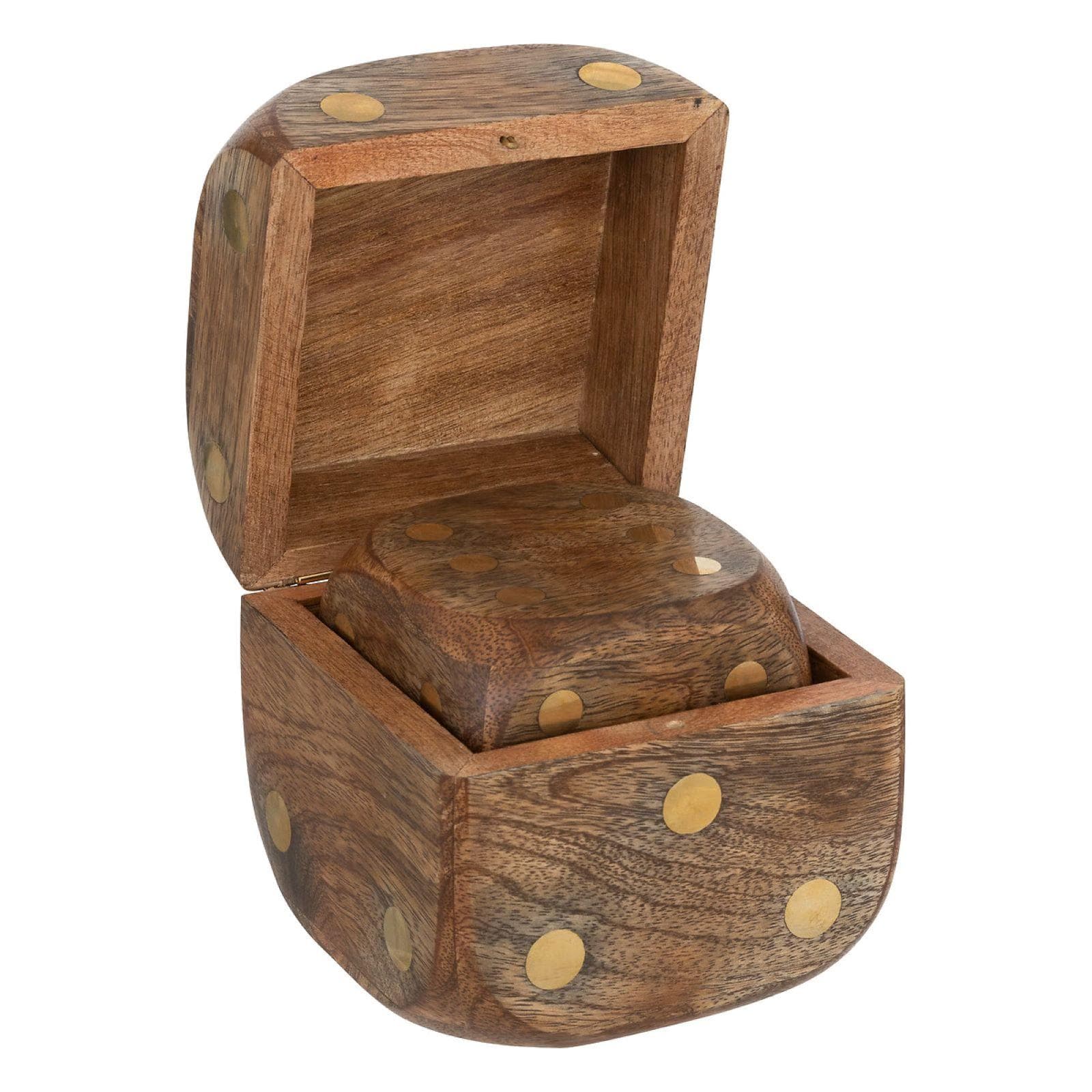 Set 3 dadi decorativi in legno di mango scuro con contenitore