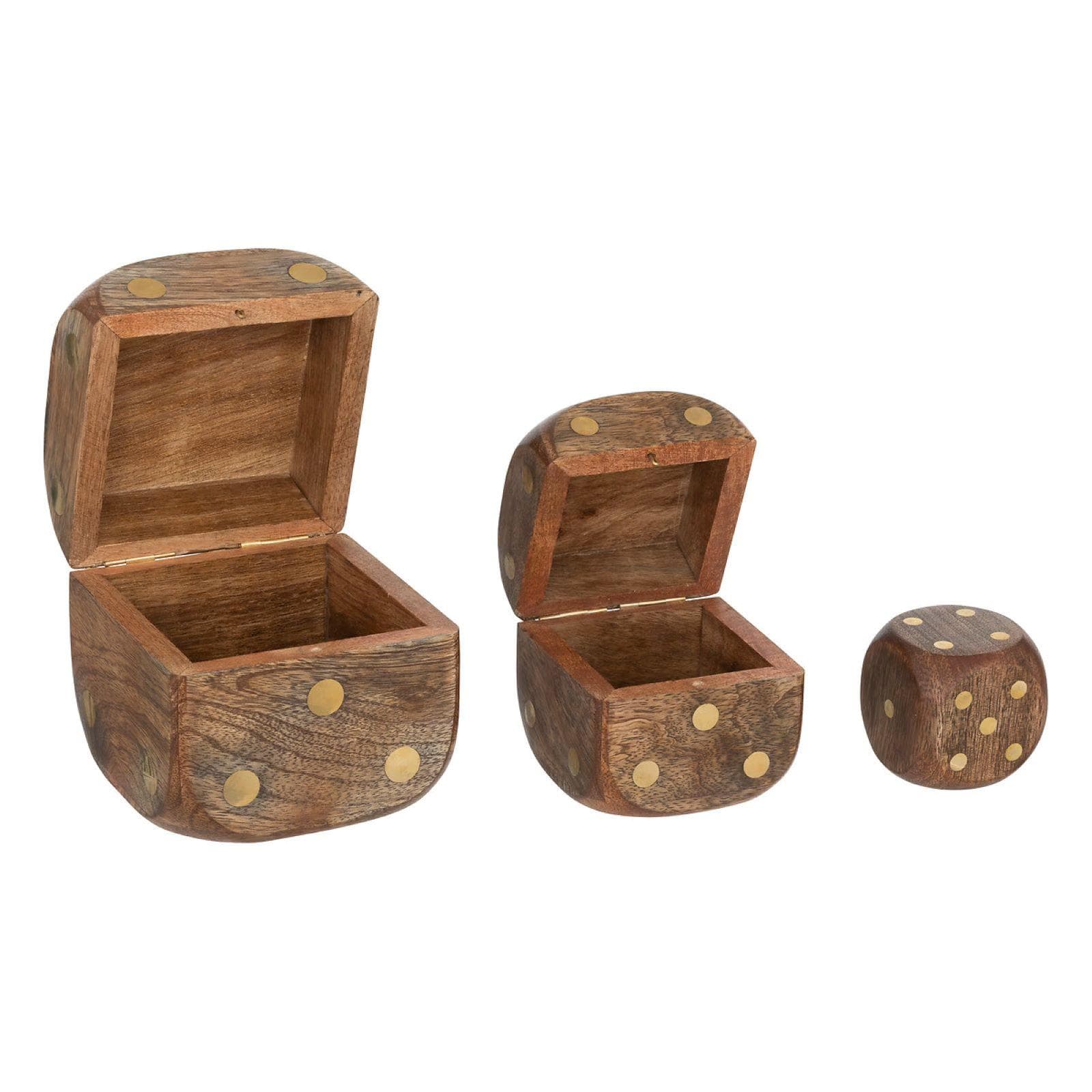 Set 3 dadi decorativi in legno di mango scuro con contenitore