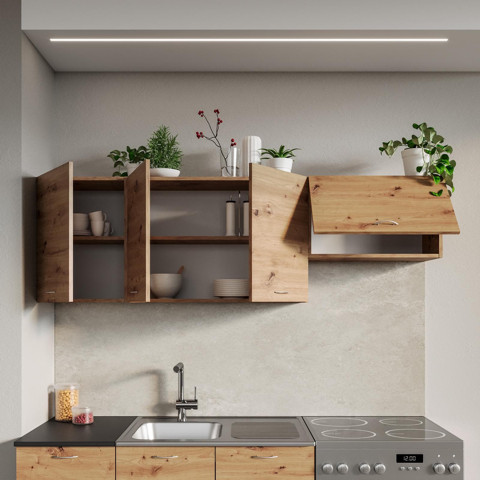 Set 3 pensili 180 cm reversibili rovere rustico con pensile sopracappa - Sorbona