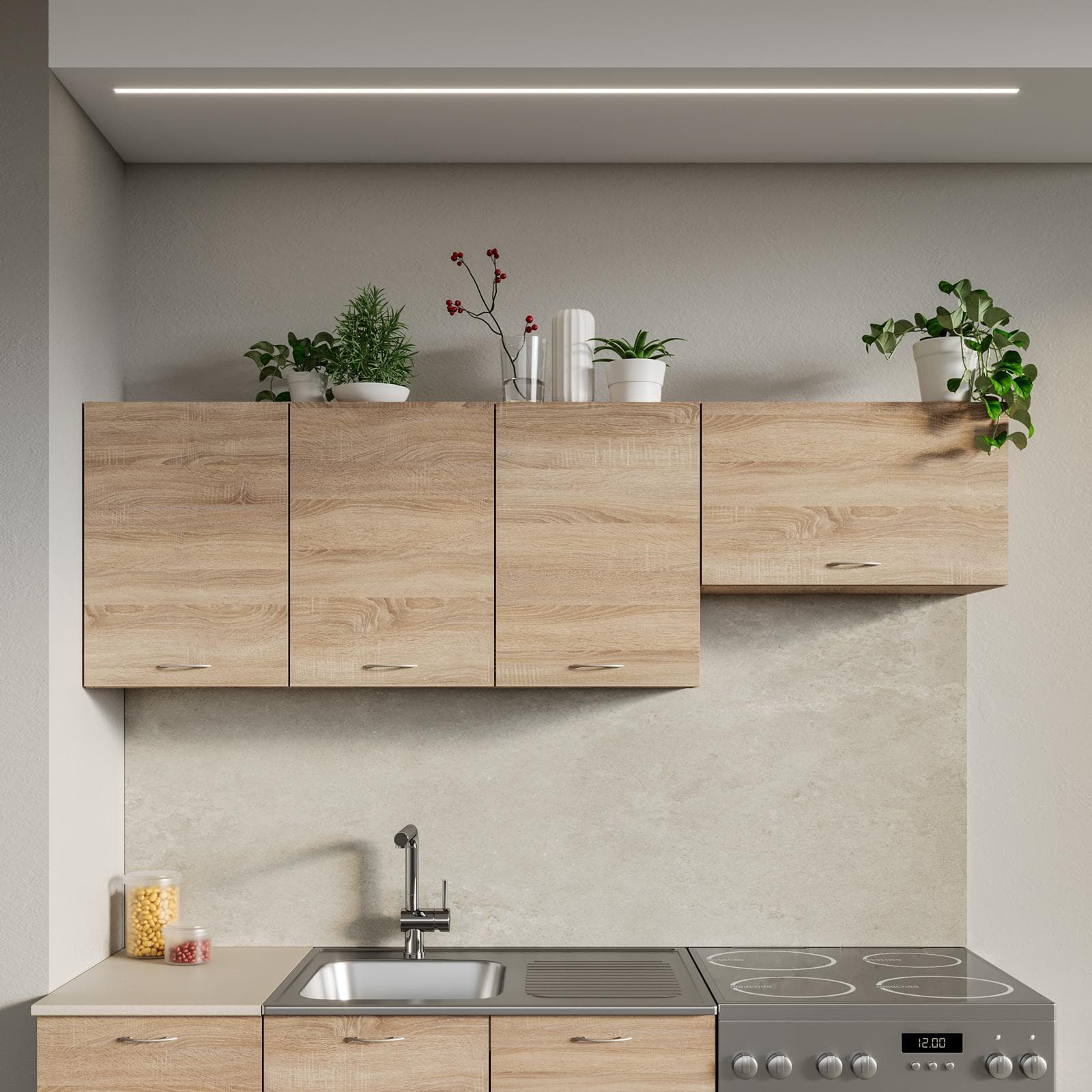 Set 3 pensili 180 cm reversibili rovere sonoma con pensile sopracappa - Sorbona