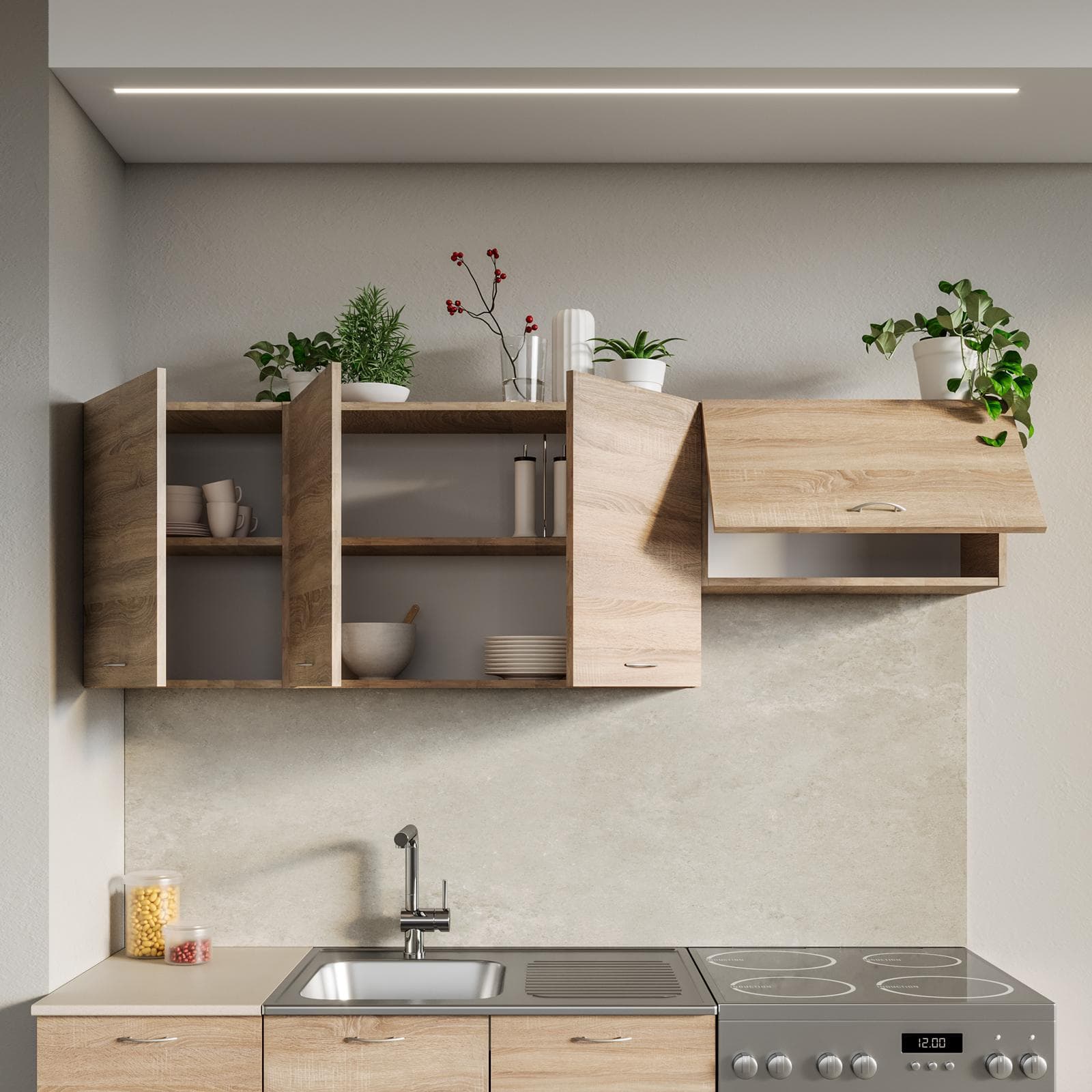 Set 3 pensili 180 cm reversibili rovere sonoma con pensile sopracappa - Sorbona