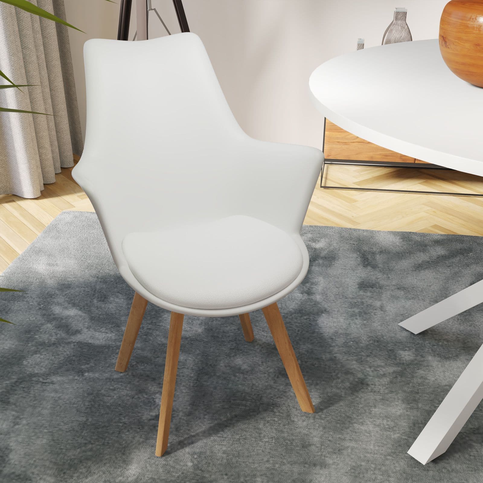 Set 2 sedie in polipropilene bianco con cuscino in similpelle e gambe in legno - Parva