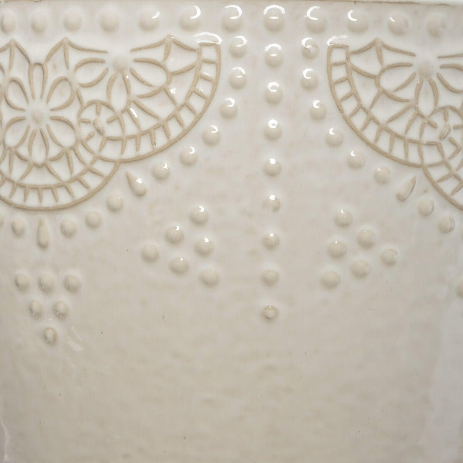 Set 3 vasi rotondi in ceramica beige lucido con decorazioni