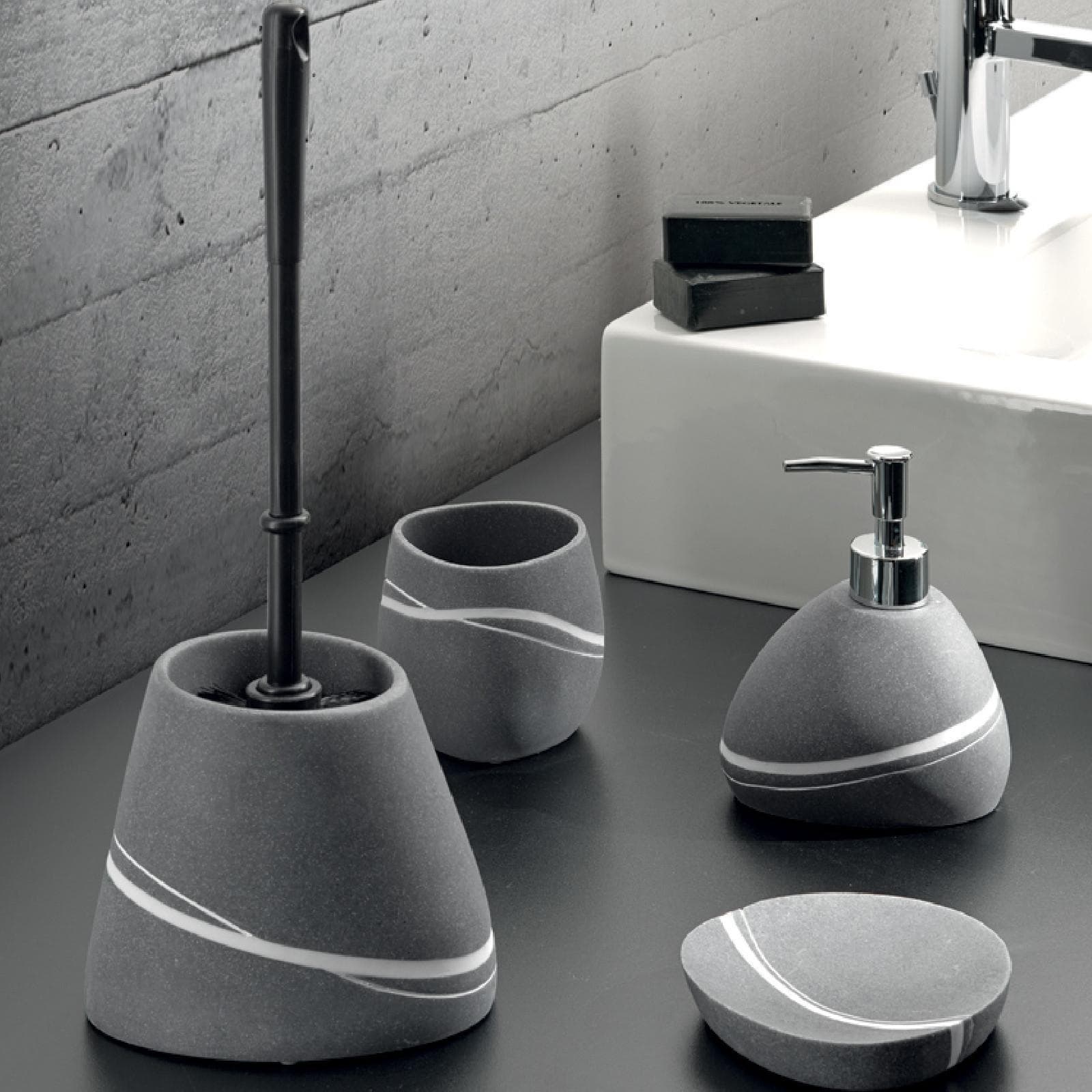 Set 4 accessori d'appoggio grigio effetto pietra con venature color quarzo - Yvonne di Gedy