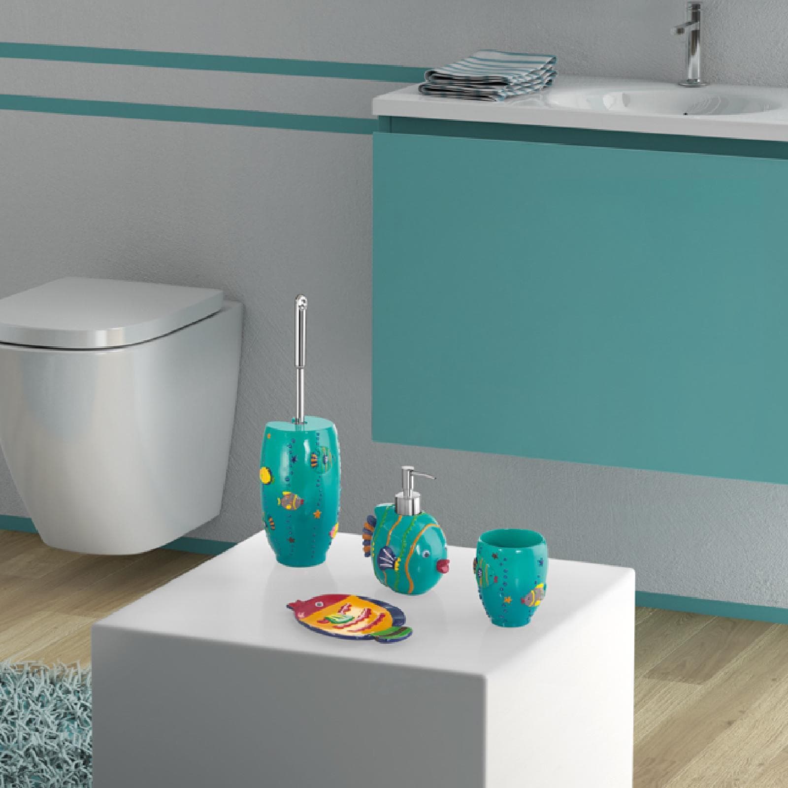 Set 4 accessori appoggio in resina turchese con fantasia marina - Dori di Gedy