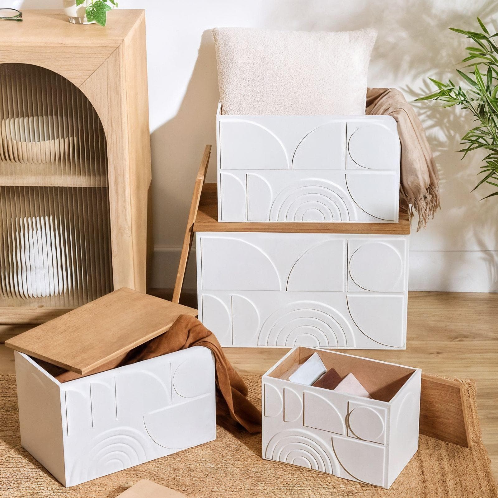 KATALIN SET 4 BAULI CONTENITORI IN LEGNO BIANCO DECORATO E NATURALE +