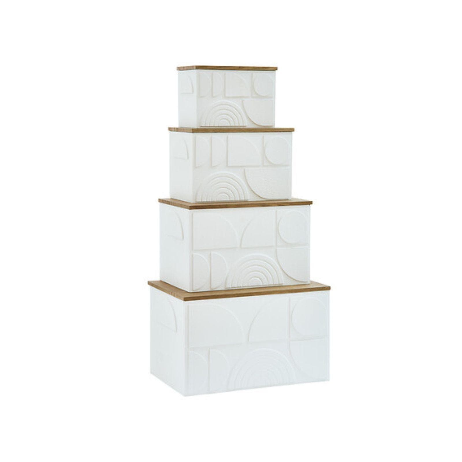 KATALIN SET 4 BAULI CONTENITORI IN LEGNO BIANCO DECORATO E NATURALE +