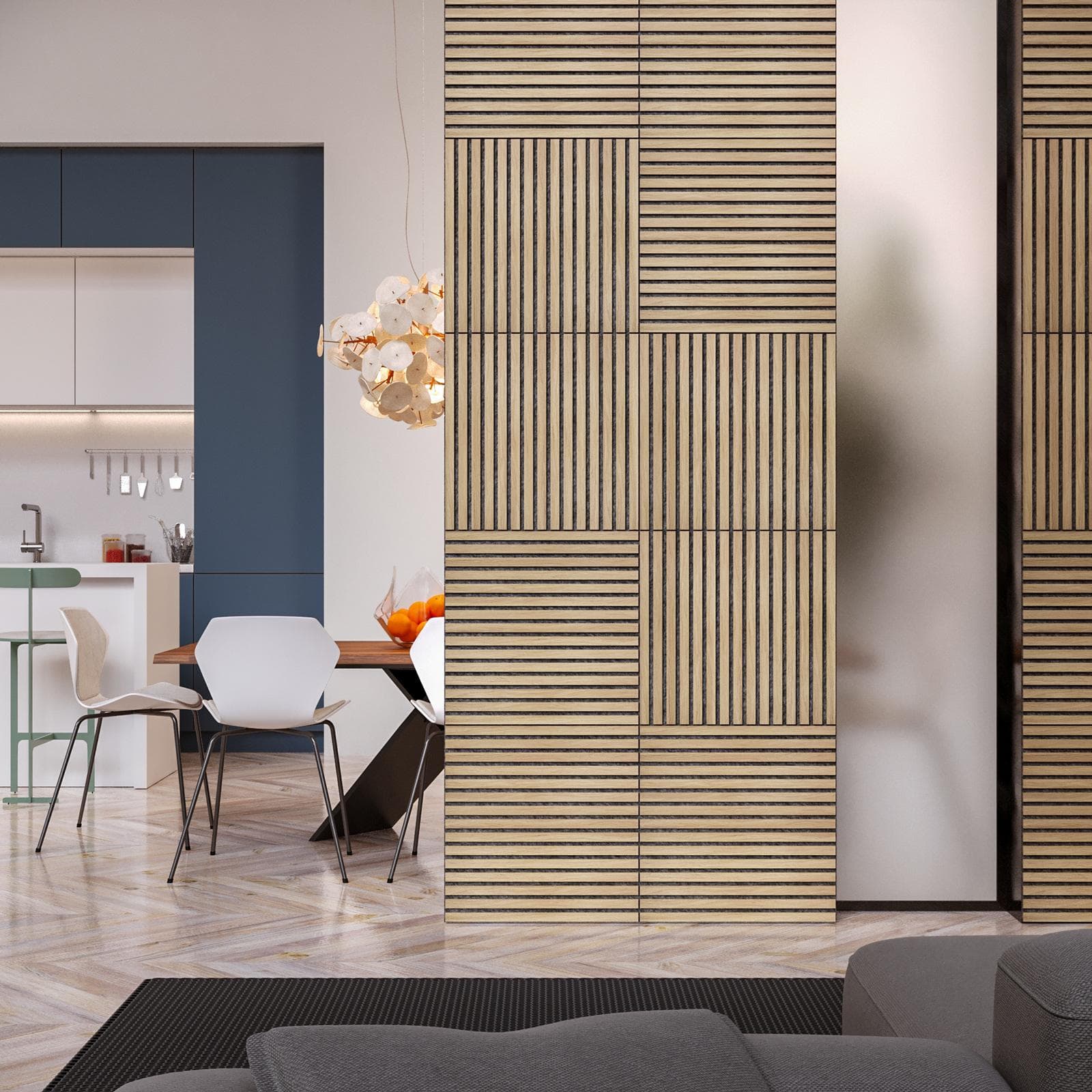 Set 4 pannelli fonoassorbenti boiserie 60x60h cm nero con listelli rovere chiaro - Bjorn
