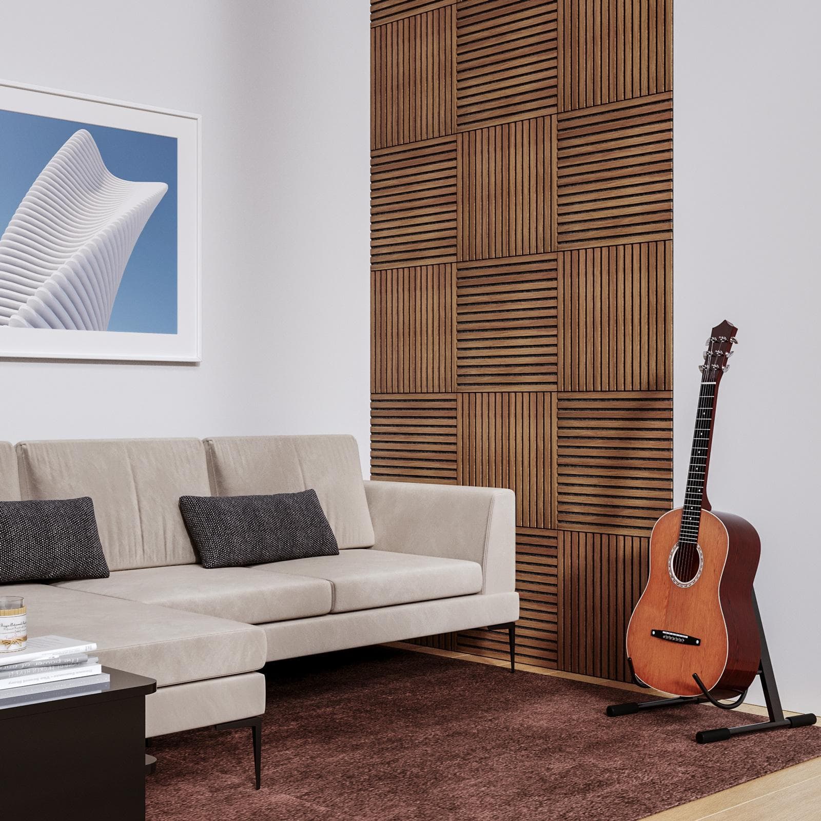 Set 4 pannelli fonoassorbenti boiserie 60x60h cm nero con listelli rovere scuro - Bjorn