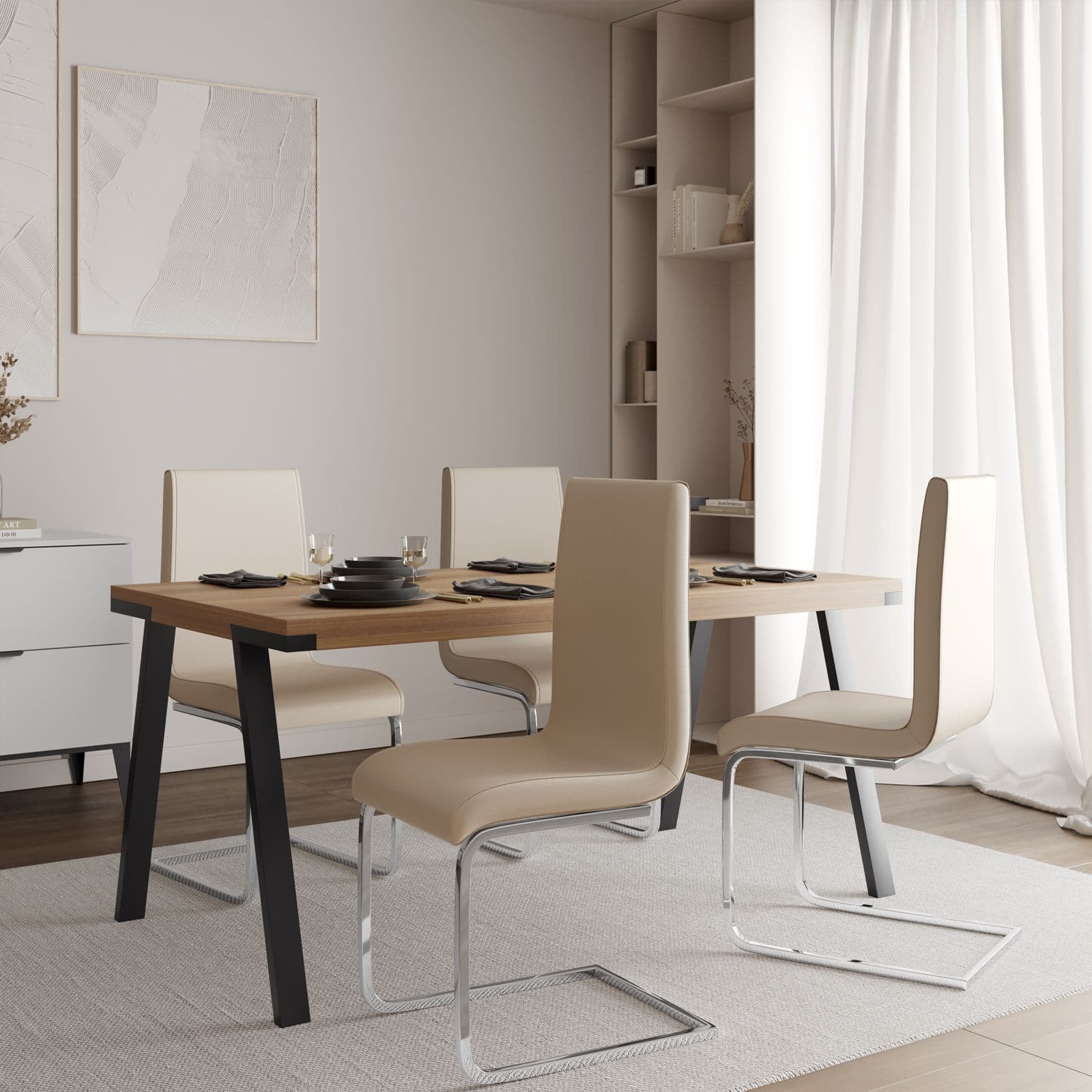 Set 4 sedie in similpelle beige con schienale alto e struttura a slitta cromo - Colorado