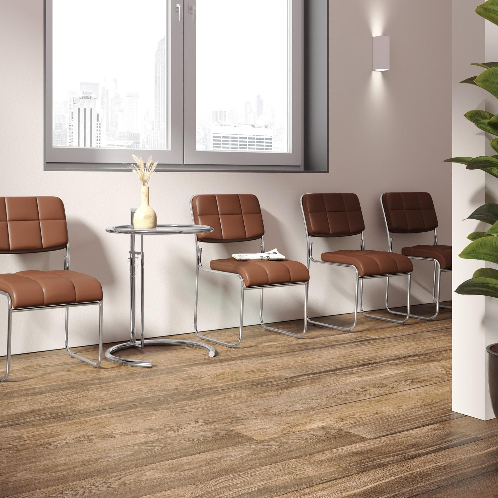 Set 4 sedie da ufficio imbottite in similpelle cognac con cuciture a contrasto e gambe a slitta cromo - Amber