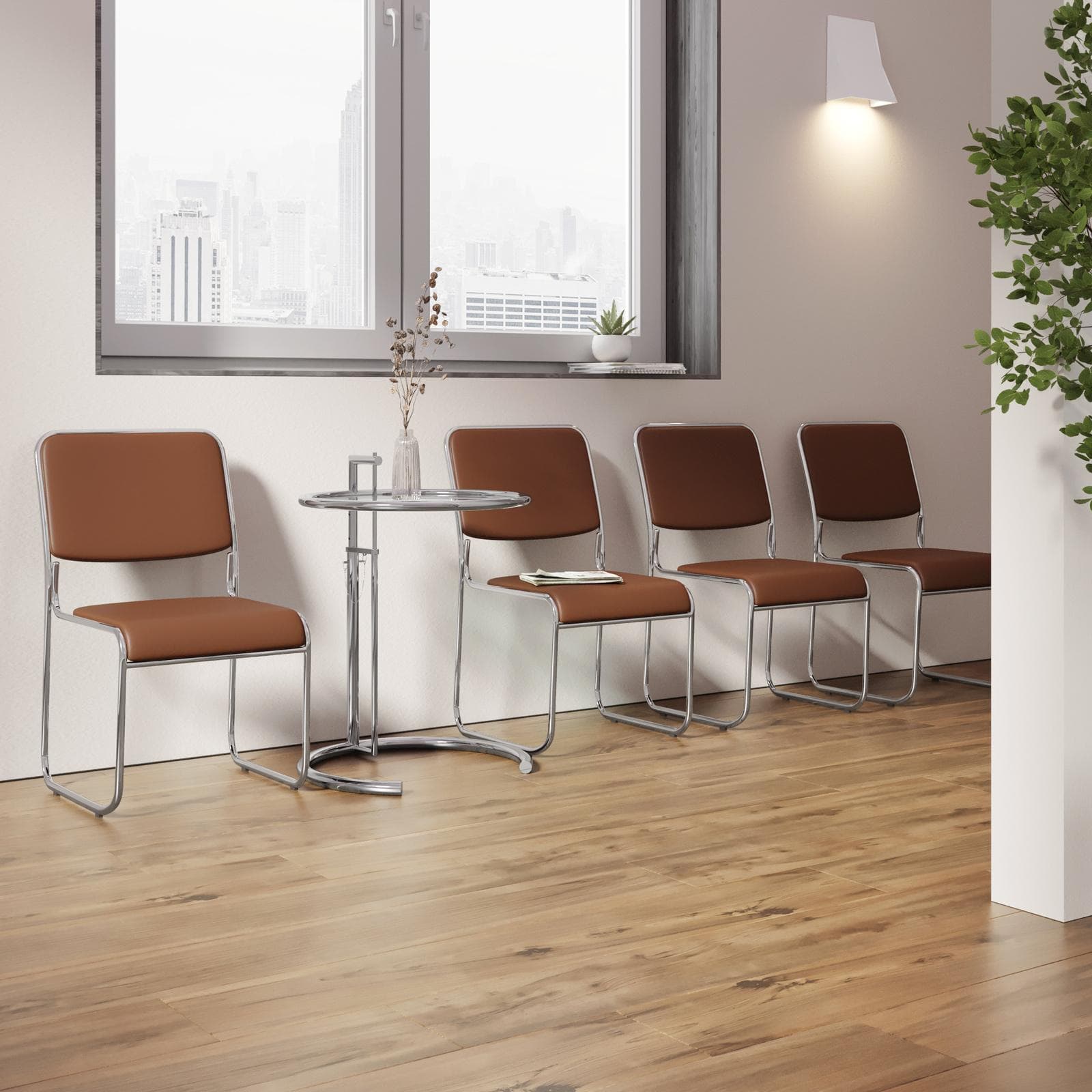 Set 4 sedie da ufficio imbottite in similpelle cognac con gambe a slitta in metallo cromo - Seira