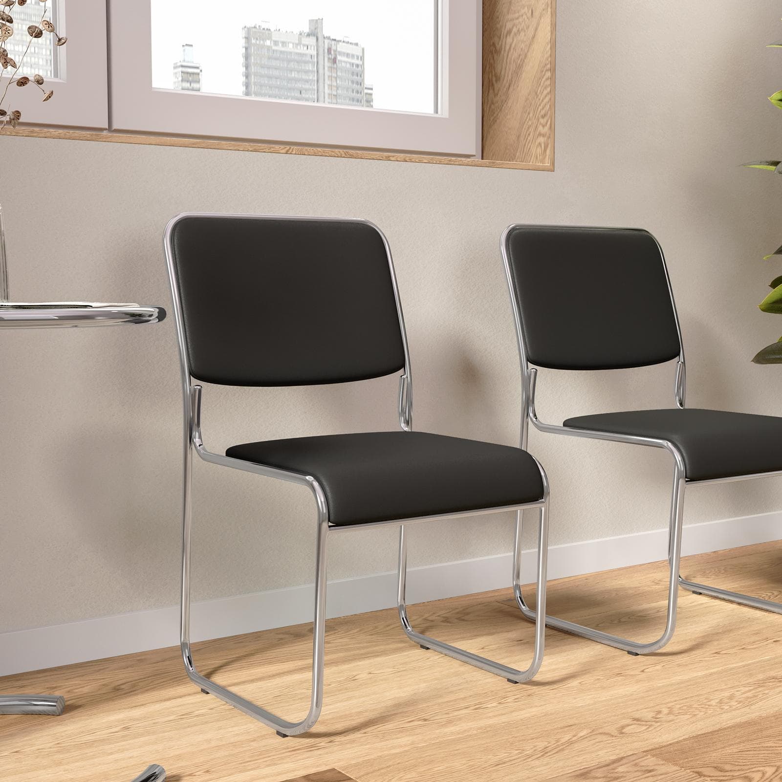 Set 4 sedie da ufficio imbottite in similpelle grigio con gambe a slitta in metallo cromo - Seira
