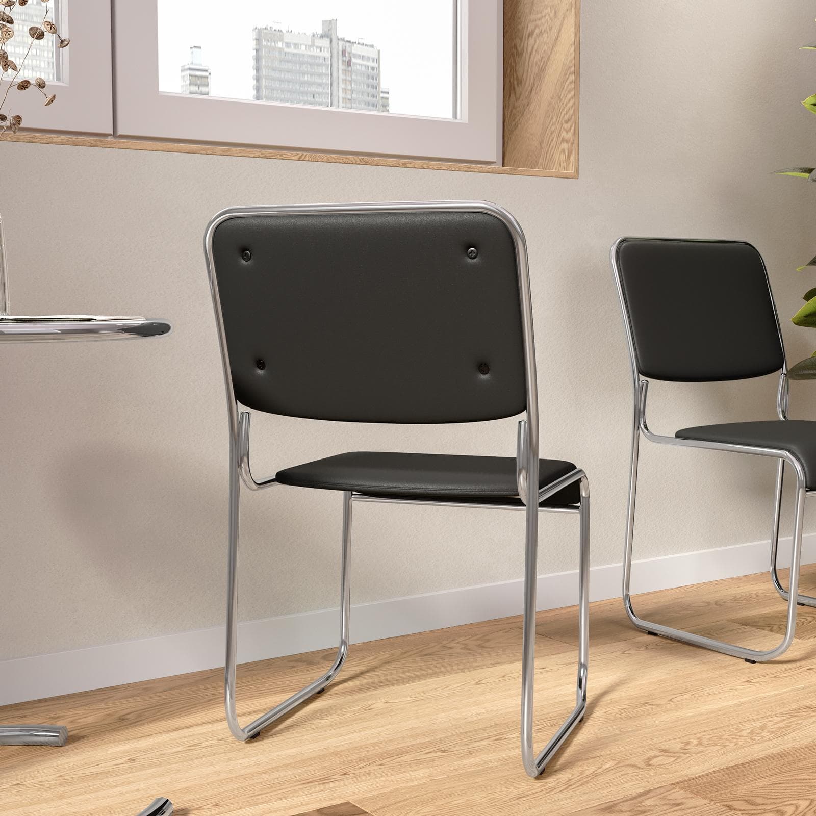 Set 4 sedie da ufficio imbottite in similpelle grigio con gambe a slitta in metallo cromo - Seira