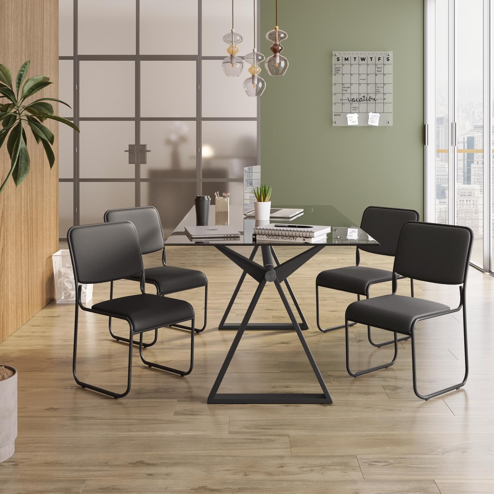 Set 4 sedie da ufficio imbottite in similpelle grigio con gambe a slitta in metallo nero - Seira