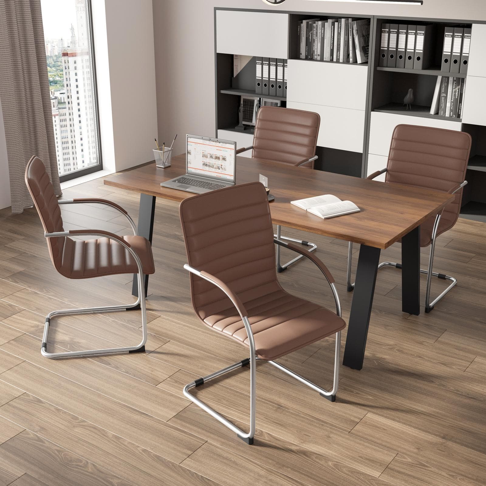 Set 4 sedie da ufficio in similpelle cognac con gambe in metallo cromo - Tamia Level