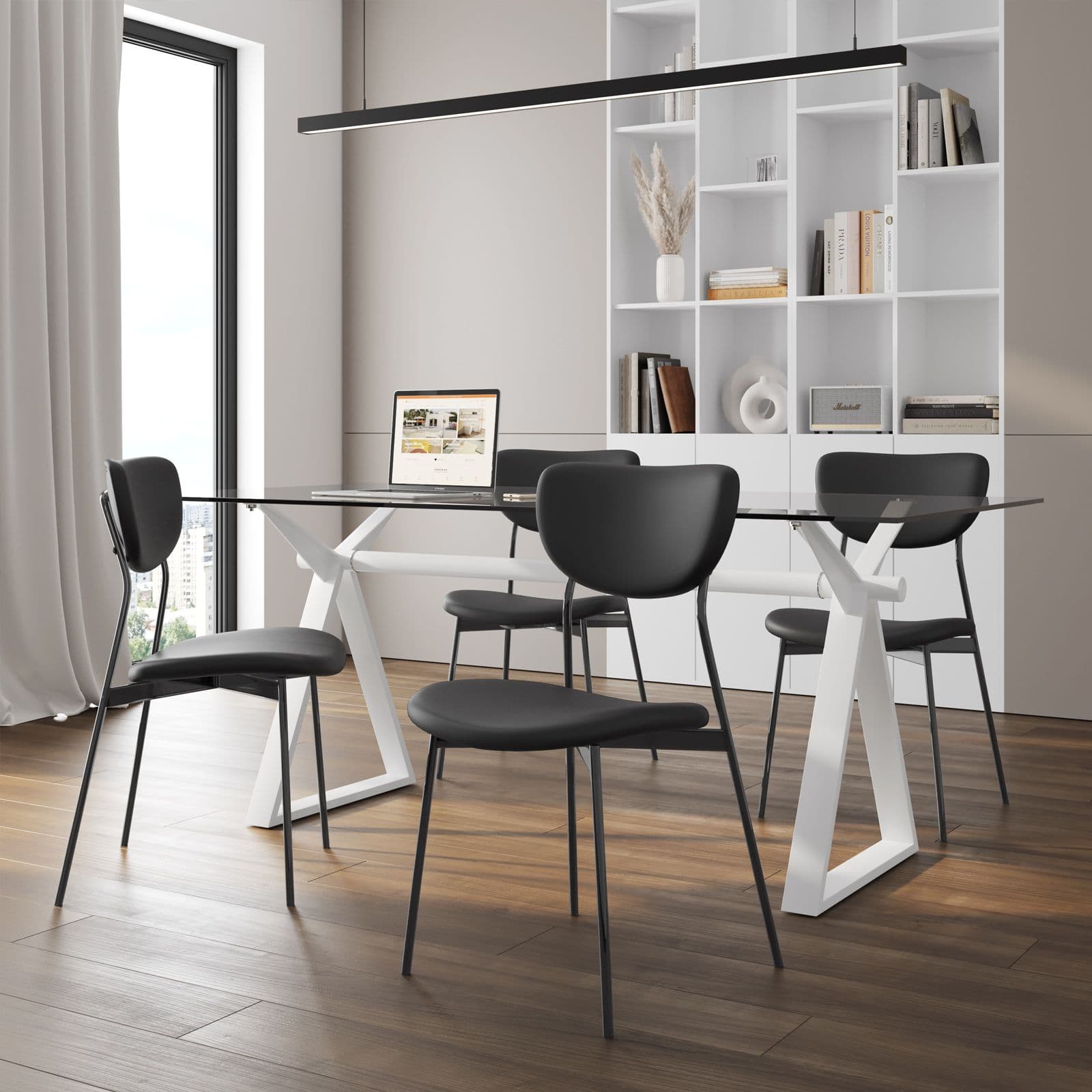 Set 4 sedie da ufficio in similpelle nera con gambe nere - Flaminia