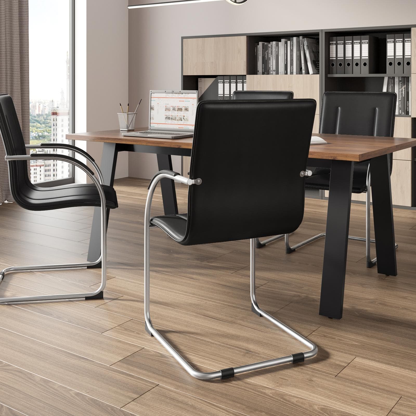 Set 4 sedie da ufficio in similpelle nero con gambe in metallo cromo - Tamia