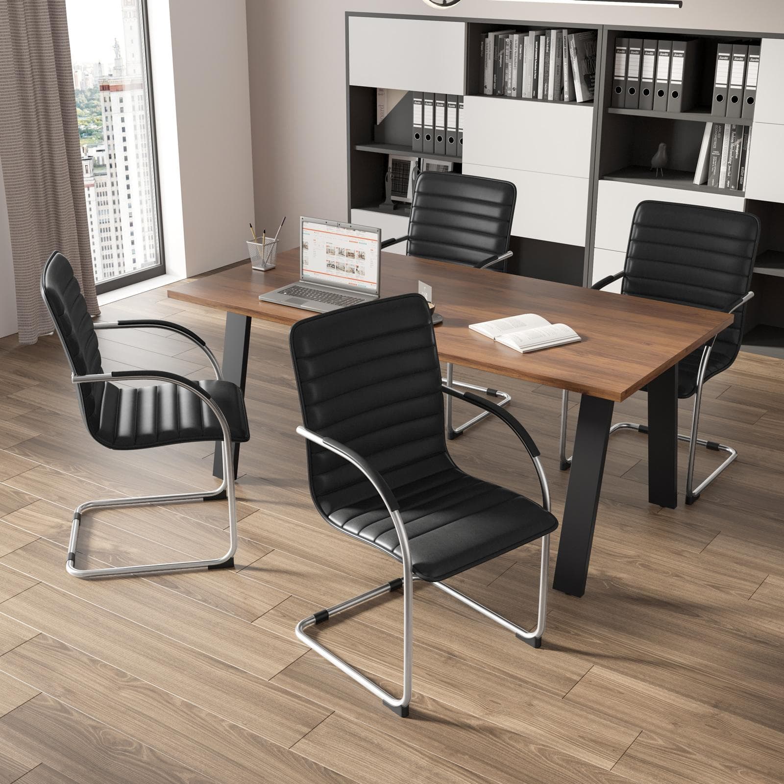 Set 4 sedie da ufficio in similpelle nero con gambe in metallo cromo - Tamia Level