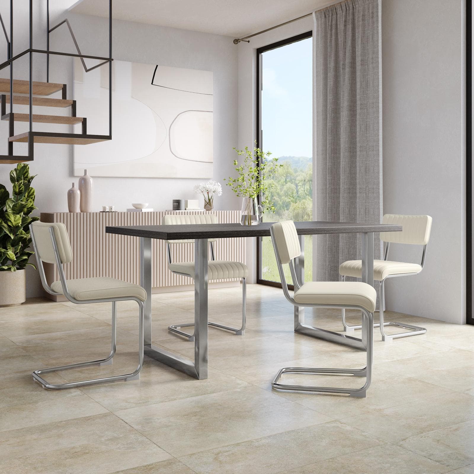 Set 4 sedie in similpelle crema con struttura in metallo cromo - Bridget