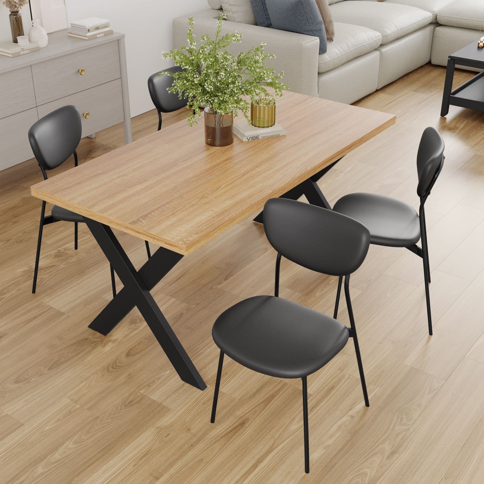 Set 4 sedie in similpelle nero con gambe nere - Flaminia