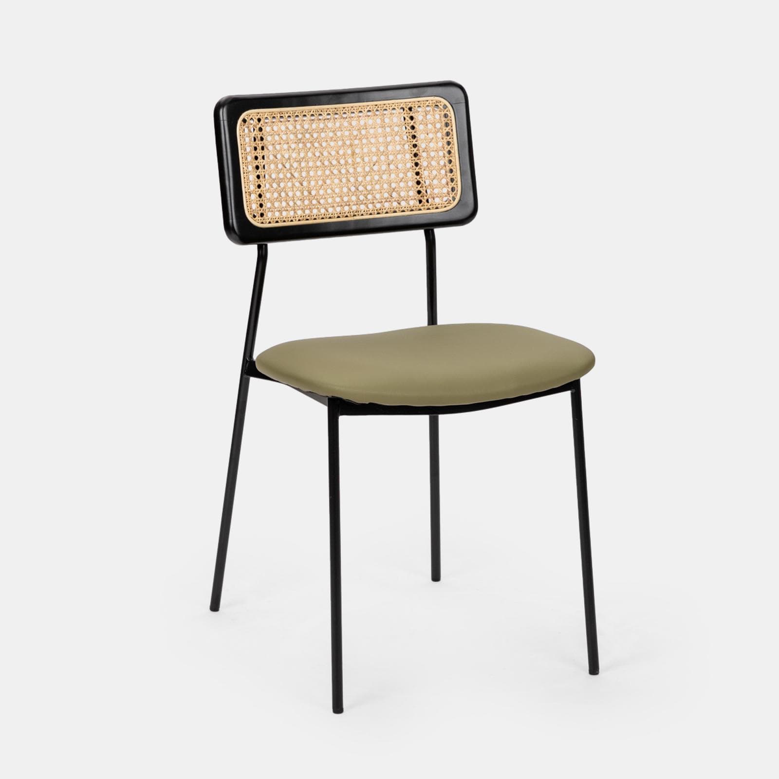 Set 4 sedie in similpelle verde militare con schienale in rattan e gambe in metallo nero - Amira