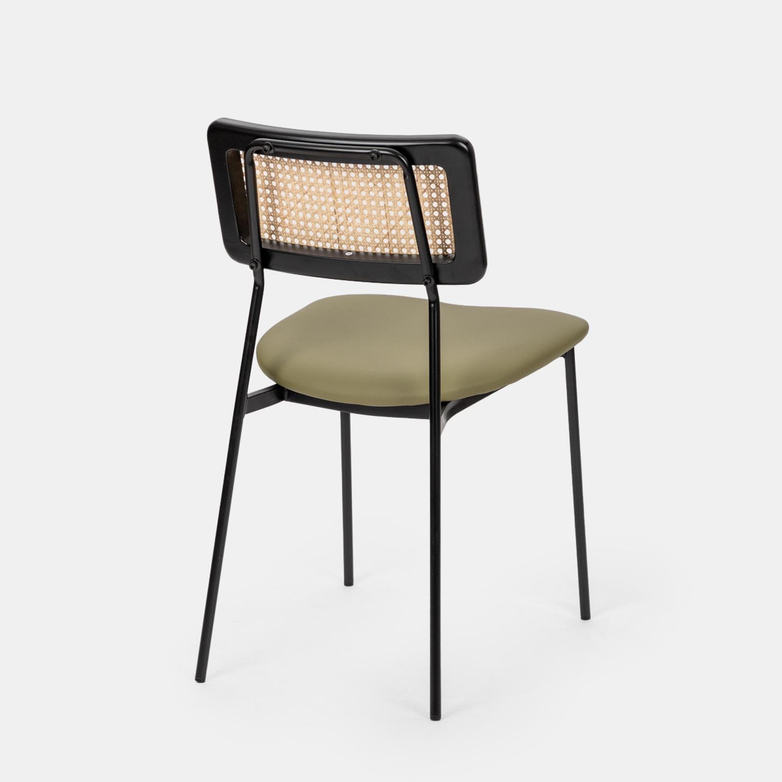 Set 4 sedie in similpelle verde militare con schienale in rattan e gambe in metallo nero - Amira