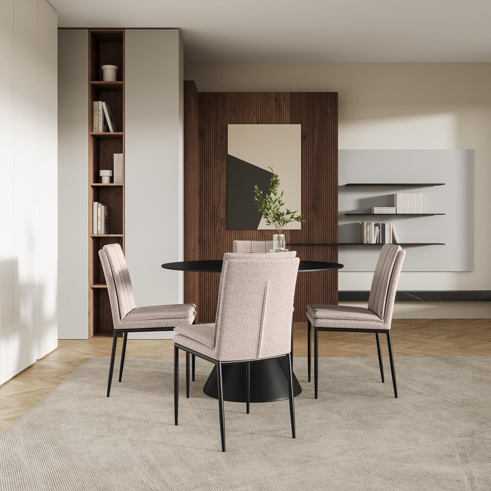 Set 4 sedie in tessuto beige con gambe in metallo nero - Thila