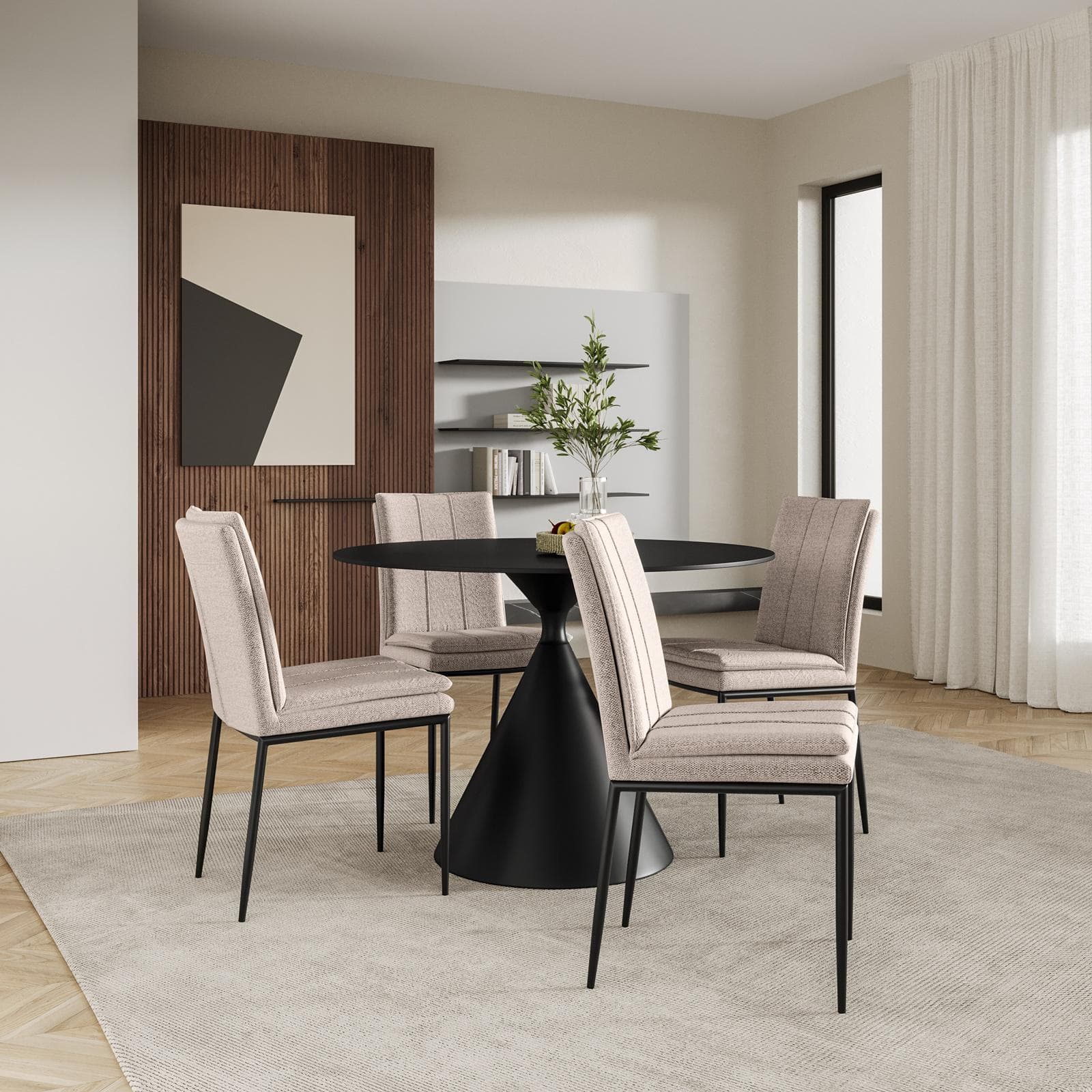 Set 4 sedie in tessuto beige con gambe in metallo nero - Thila