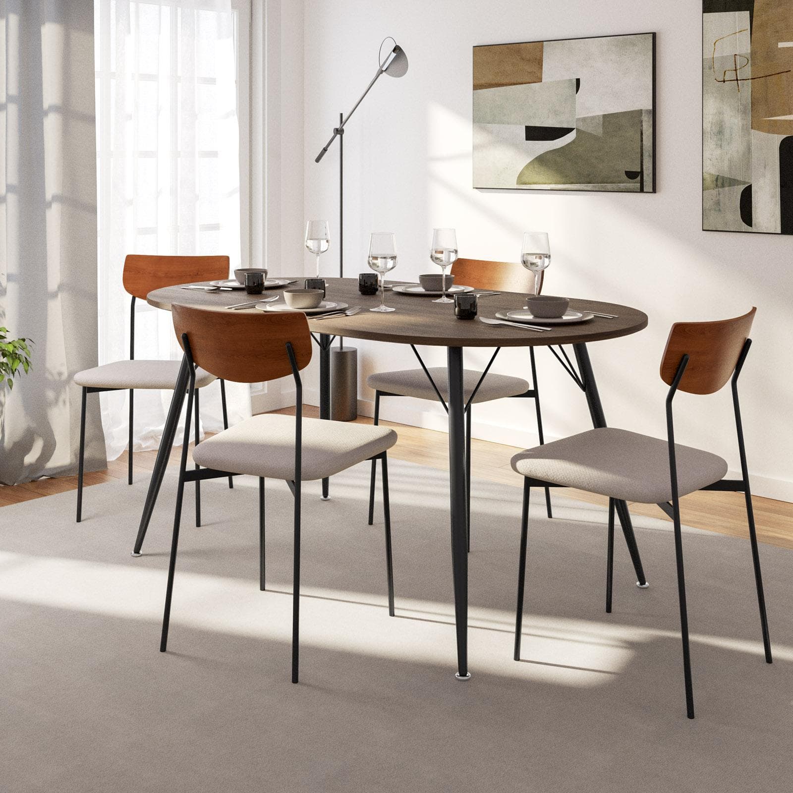 Set 4 sedie in tessuto beige e schienale in legno - Edda