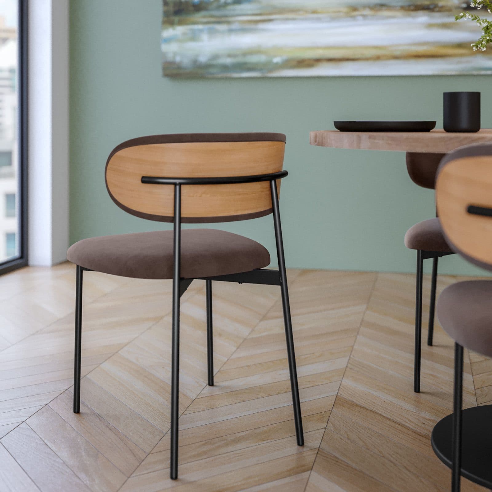 Set 4 sedie in tessuto bronzo con schienale in plywood e gambe in metallo nero - Cloty