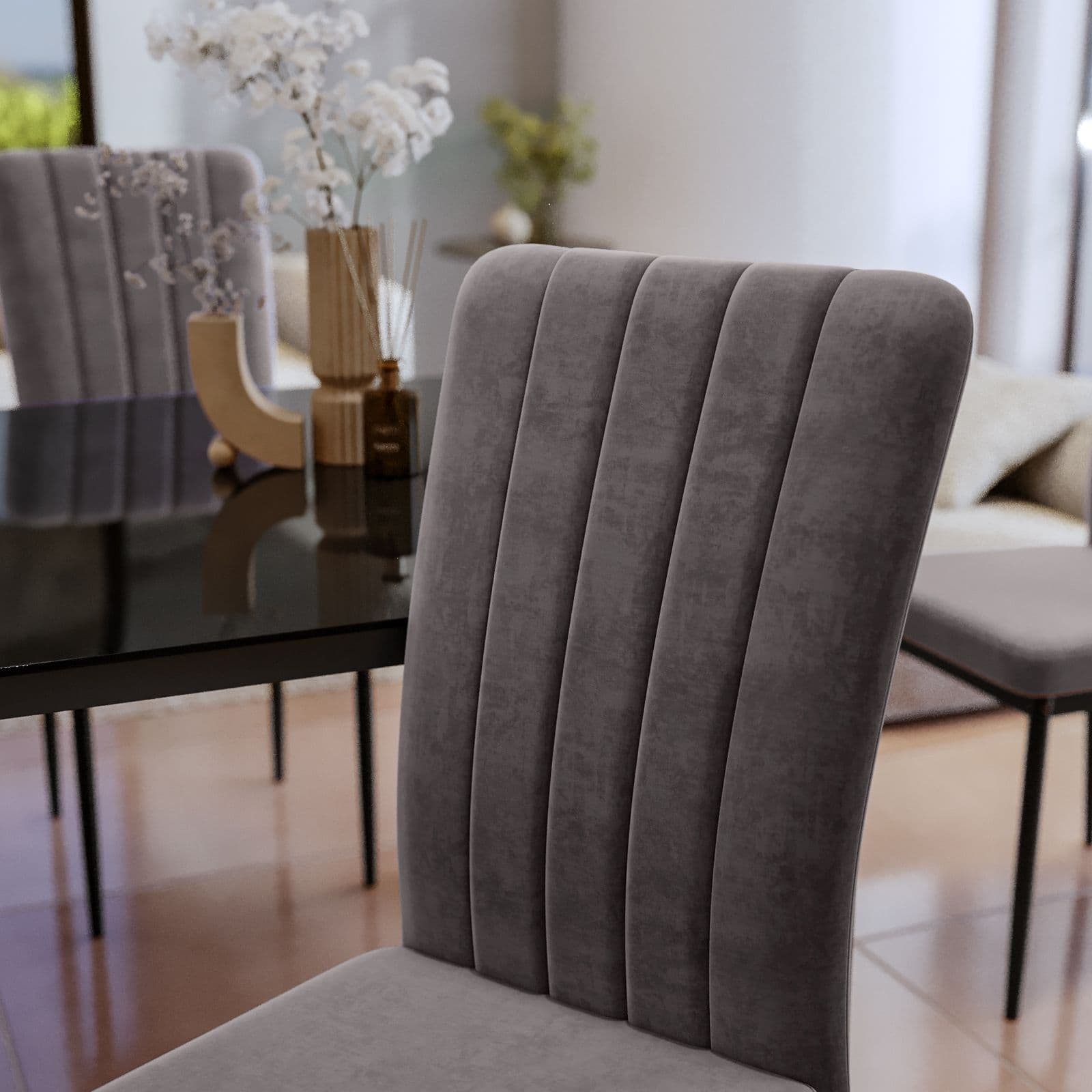 Set 4 sedie in tessuto effetto maglia grigio scuro con gambe in metallo nero - Allegra