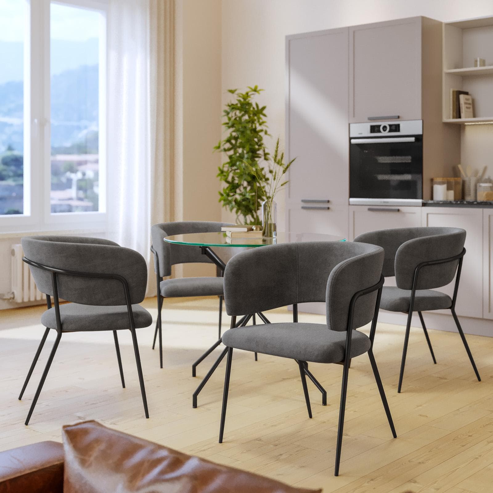 Set 4 sedie in tessuto grigio ardesia con schienale avvolgente e metallo nero - Fanny