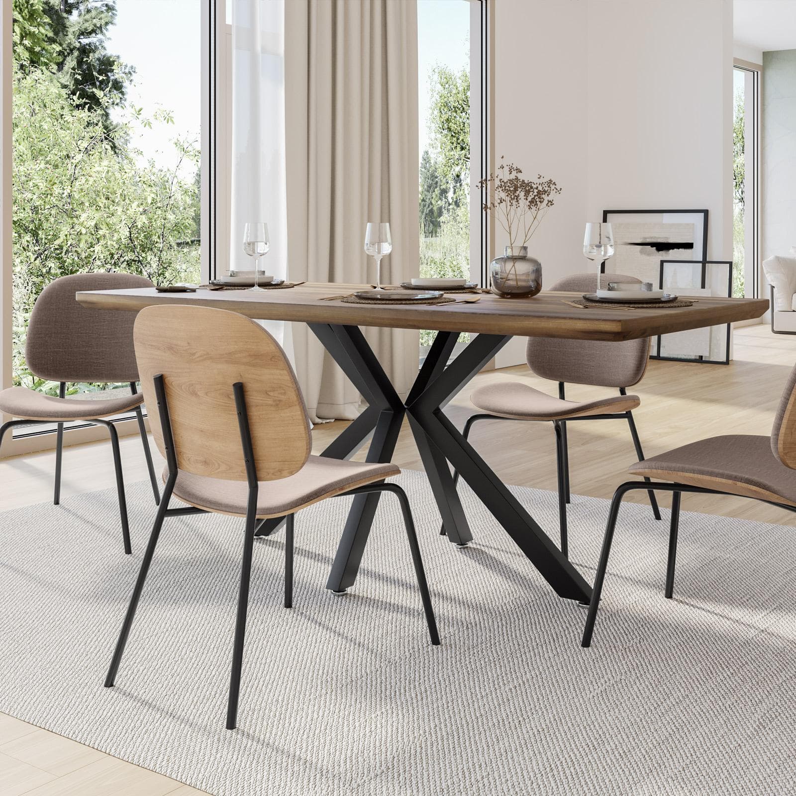 Set 4 sedie in plywood e tessuto tortora con gambe in metallo nero - Dream