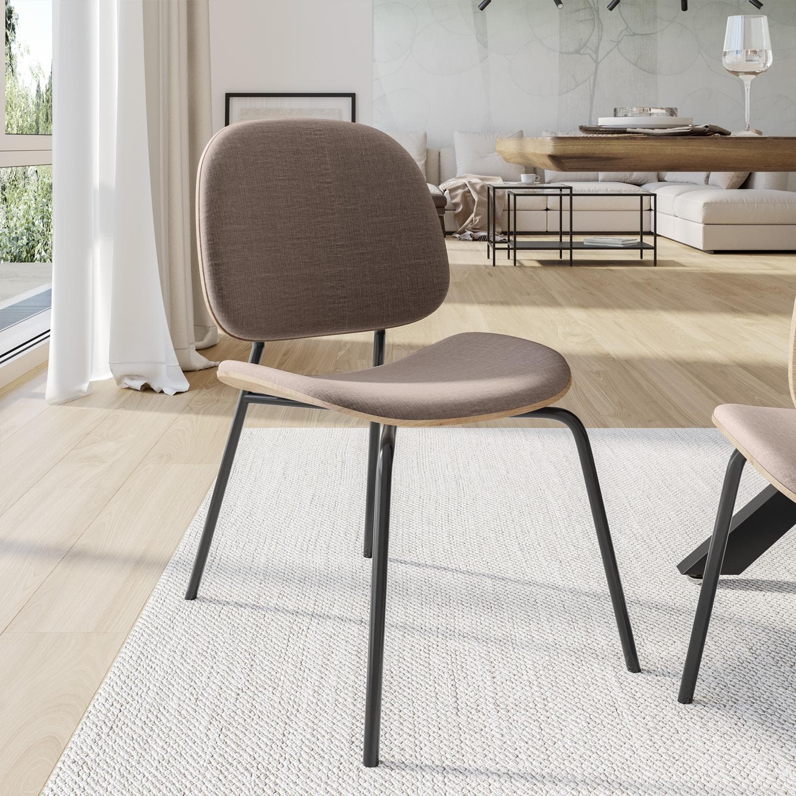 Set 4 sedie in plywood e tessuto tortora con gambe in metallo nero - Dream